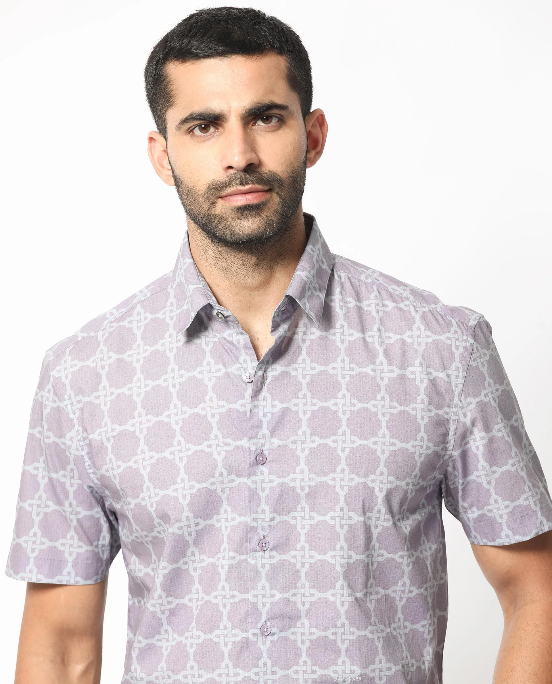 Rare Rabbit Men's Barret Pastel Purple Viscose Geometric Print Regular Fit Half Sleeve Collared Shirt - Image 5