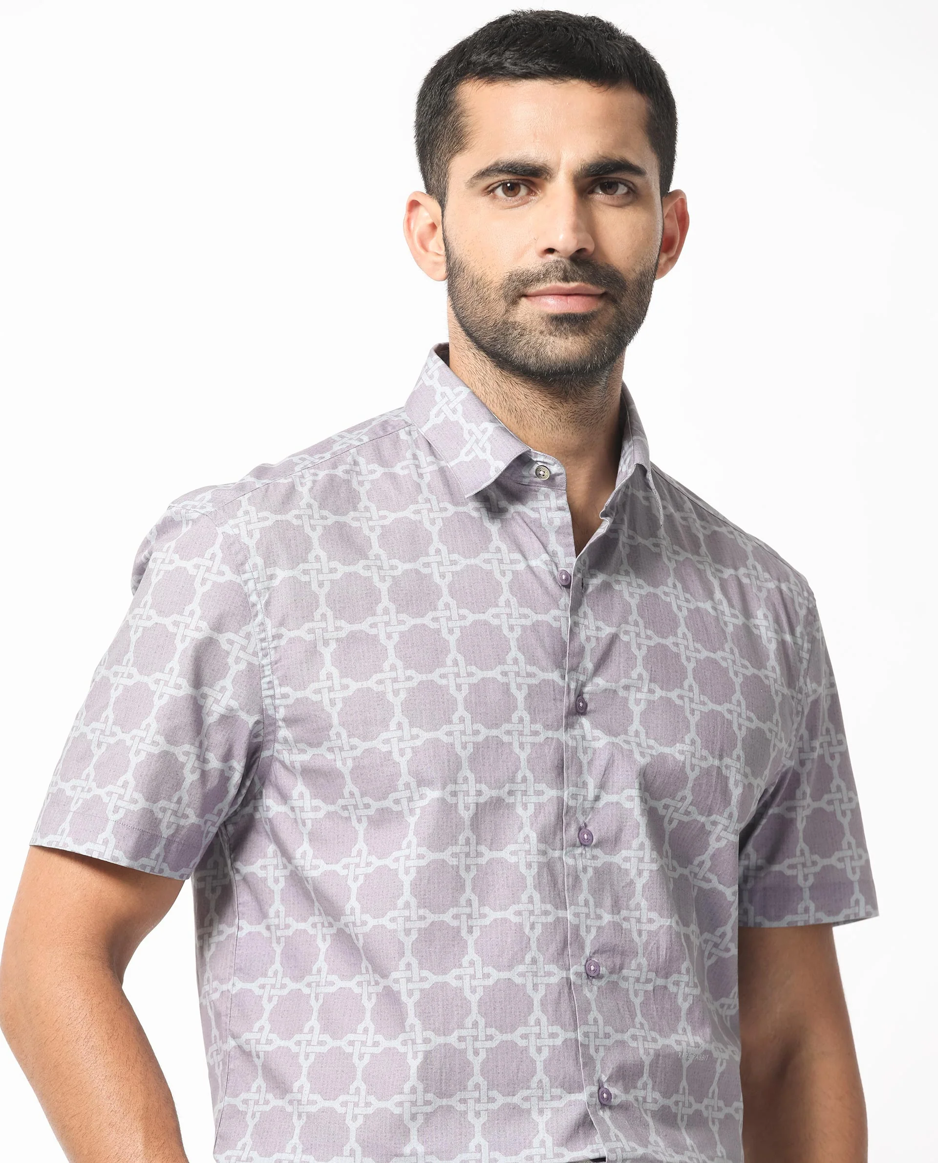 Rare Rabbit Men's Barret Pastel Purple Viscose Geometric Print Regular Fit Half Sleeve Collared Shirt - Image 6