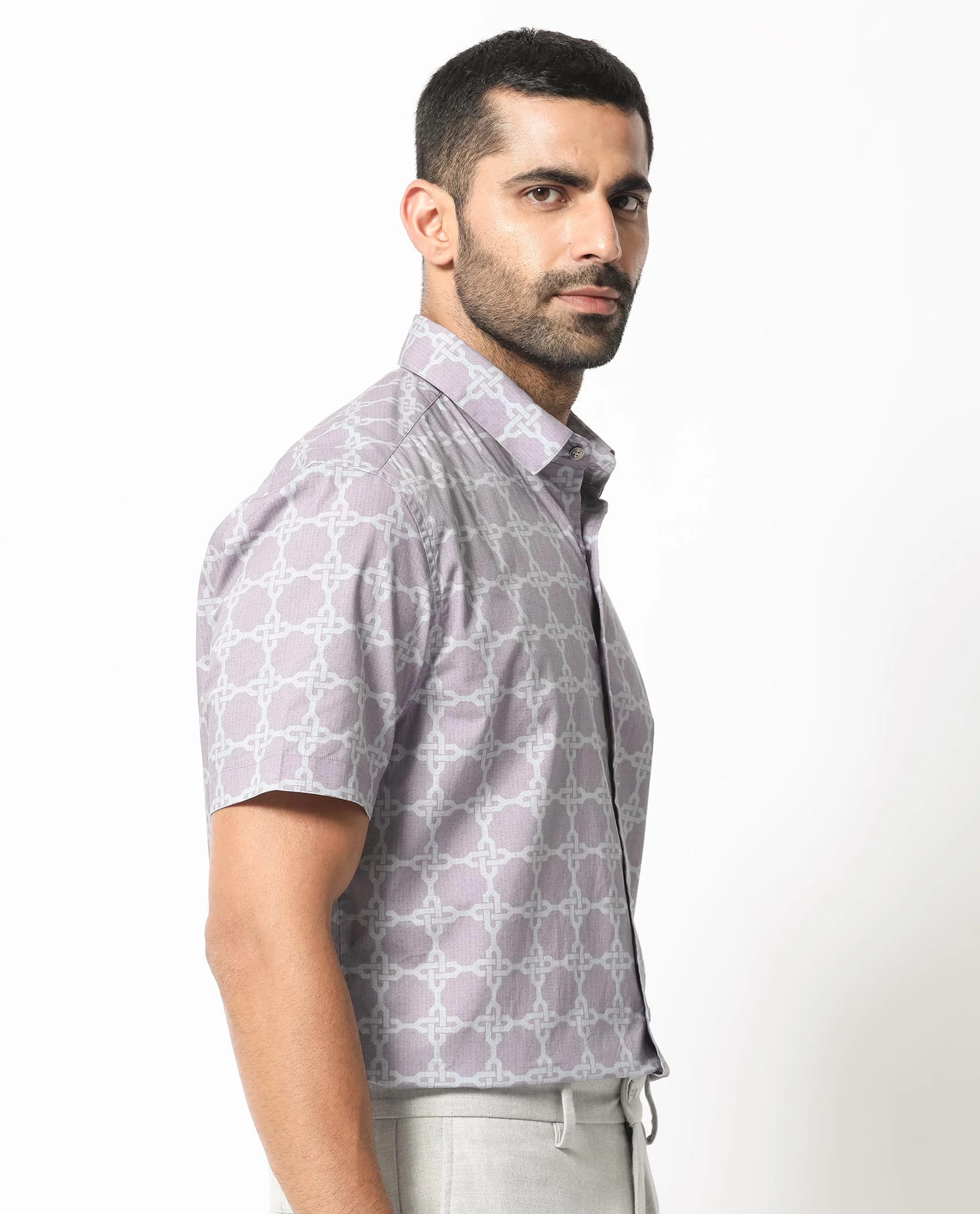 Rare Rabbit Men's Barret Pastel Purple Viscose Geometric Print Regular Fit Half Sleeve Collared Shirt - Image 7