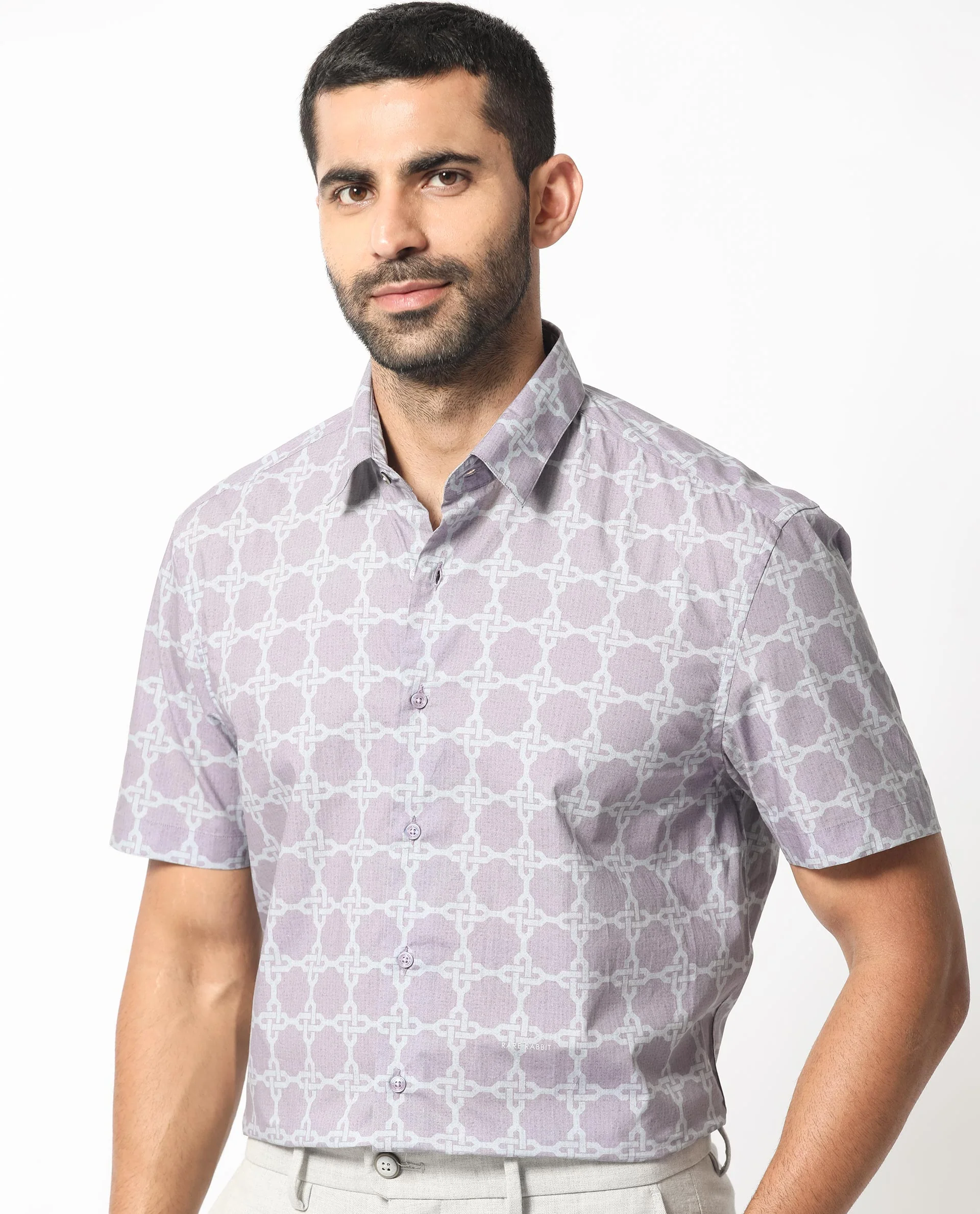 Rare Rabbit Men's Barret Pastel Purple Viscose Geometric Print Regular Fit Half Sleeve Collared Shirt - Image 8