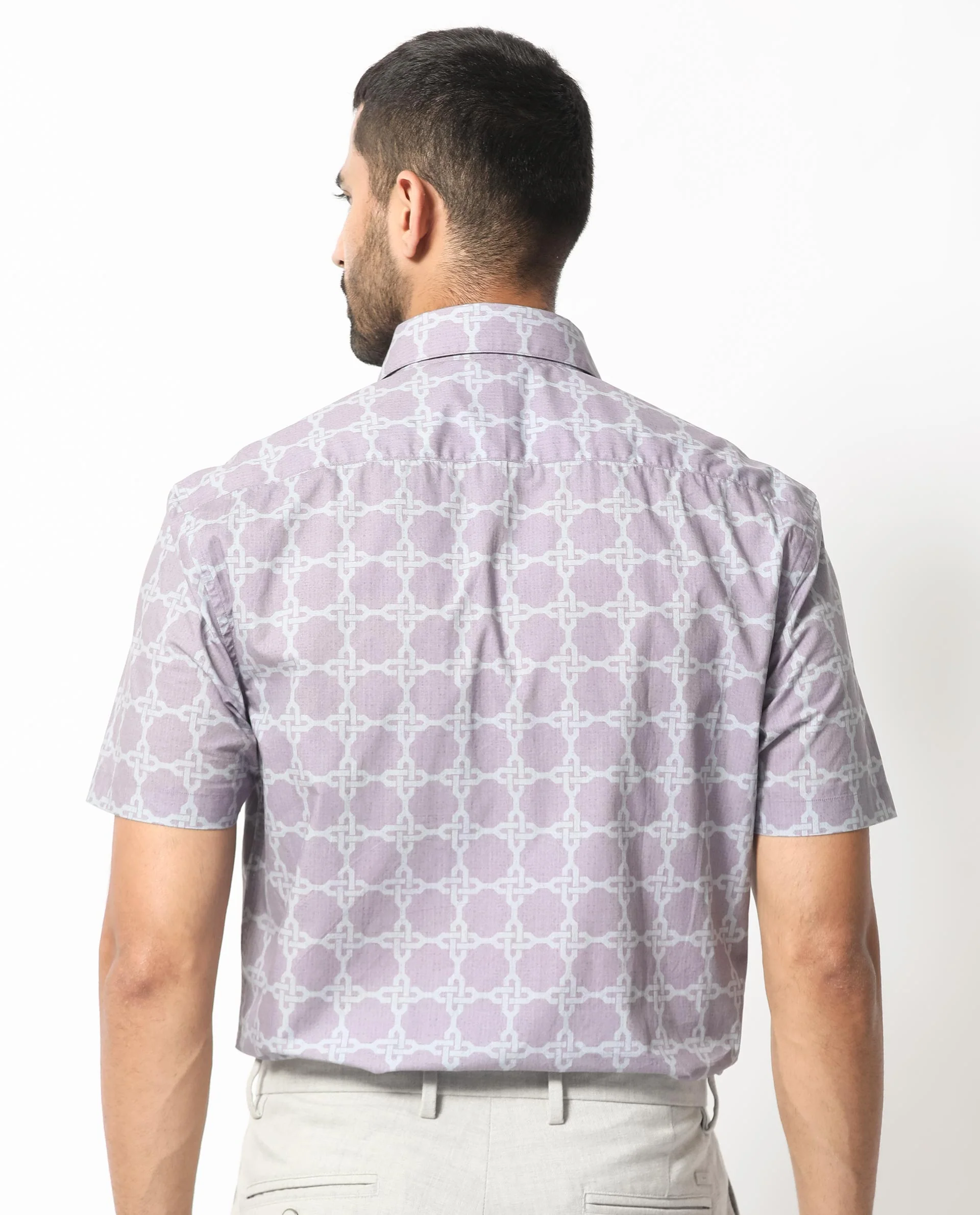 Rare Rabbit Men's Barret Pastel Purple Viscose Geometric Print Regular Fit Half Sleeve Collared Shirt - Image 9