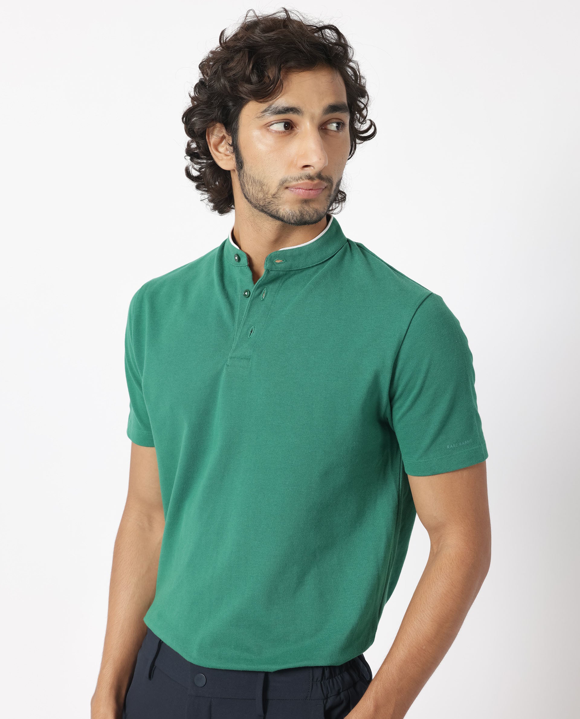 Rare Rabbit Men's Barrie Dark Green Cotton Plain Slim Fit Half Sleeve Polo - Image 5