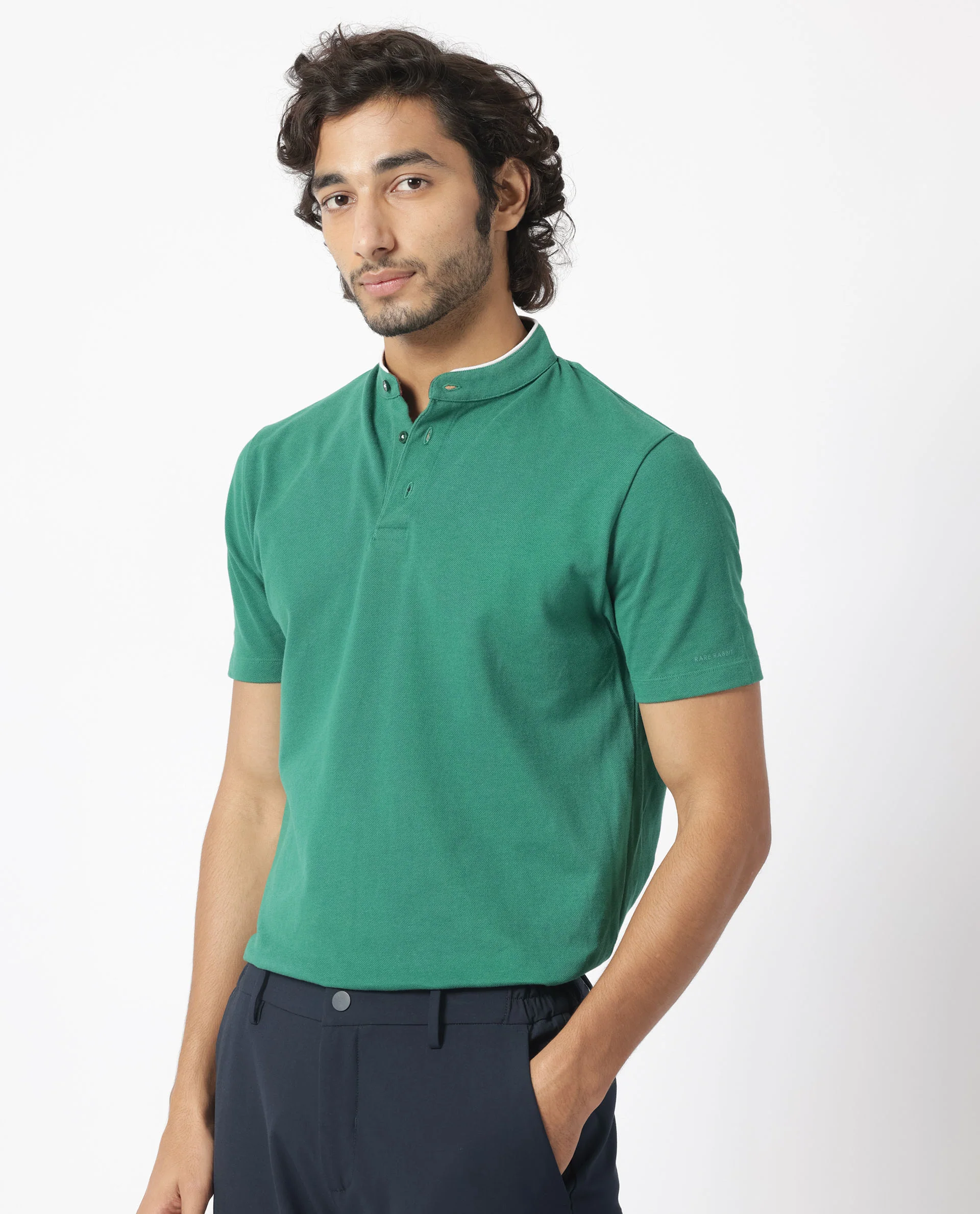 Rare Rabbit Men's Barrie Dark Green Cotton Plain Slim Fit Half Sleeve Polo - Image 9