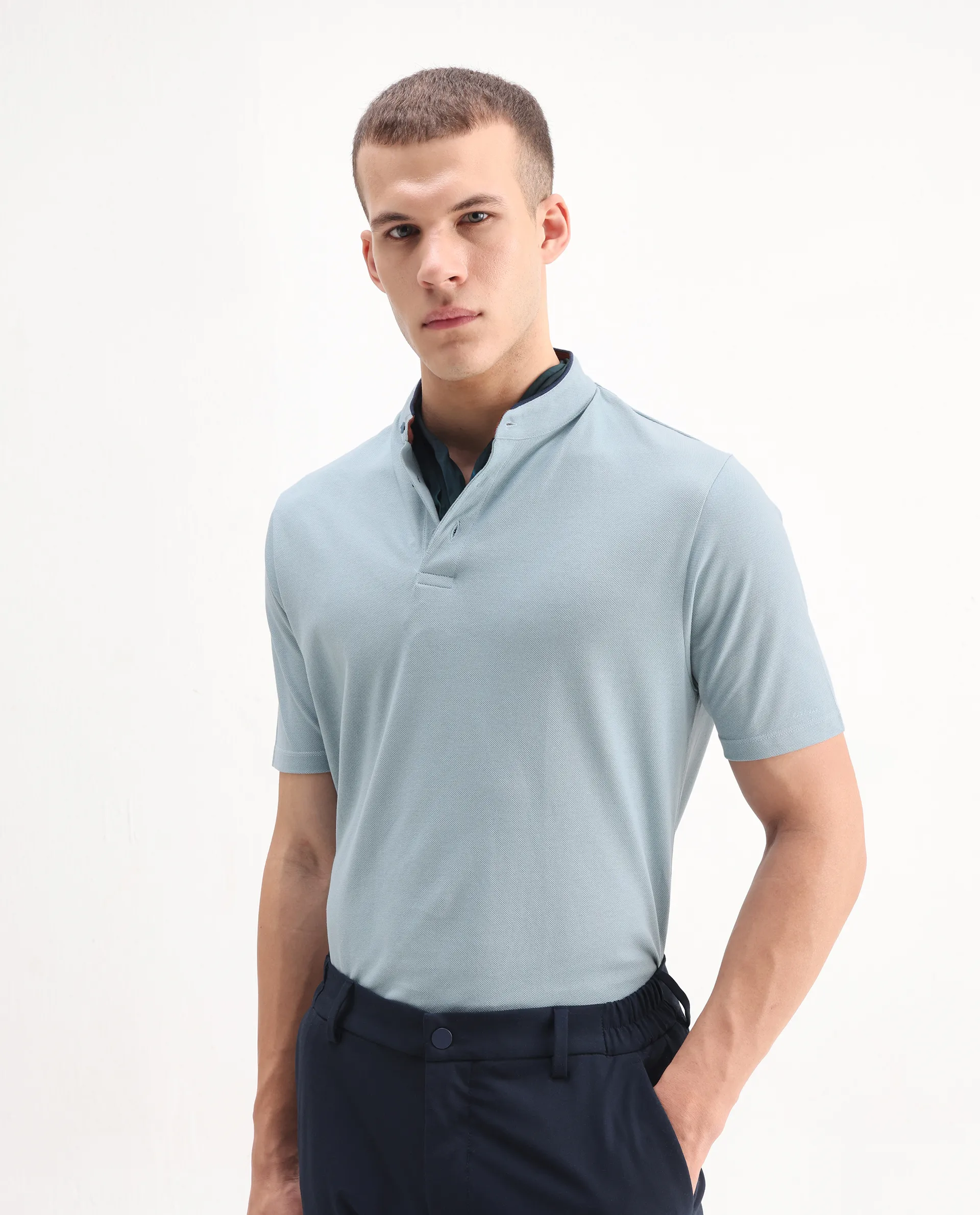 Rare Rabbit Men's Barrie Dark Grey Cotton Plain Slim Fit Half Sleeve Polo - Image 2