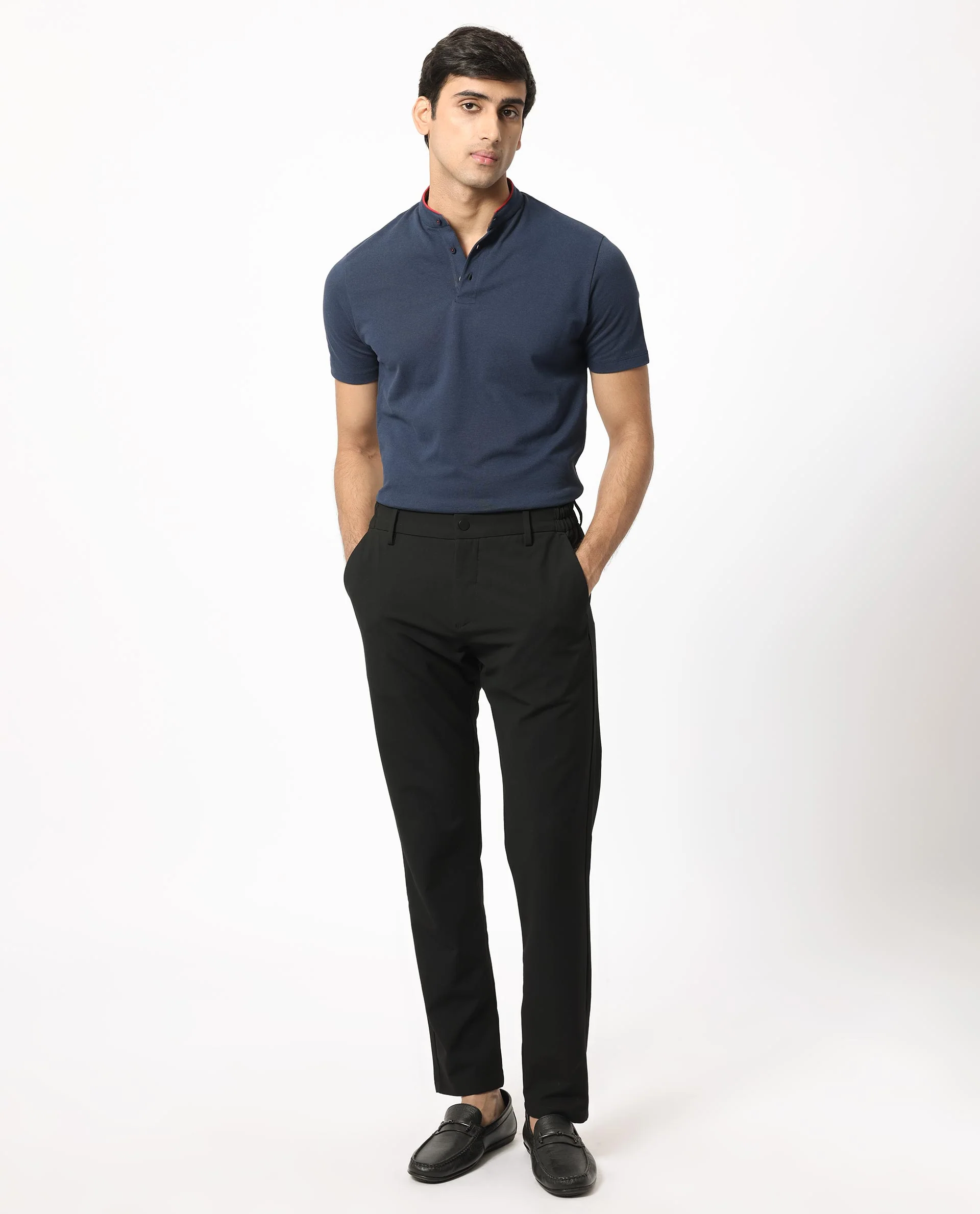 Rare Rabbit Men's Barrie Dark Navy Cotton Plain Slim Fit Half Sleeve Polo - Image 2