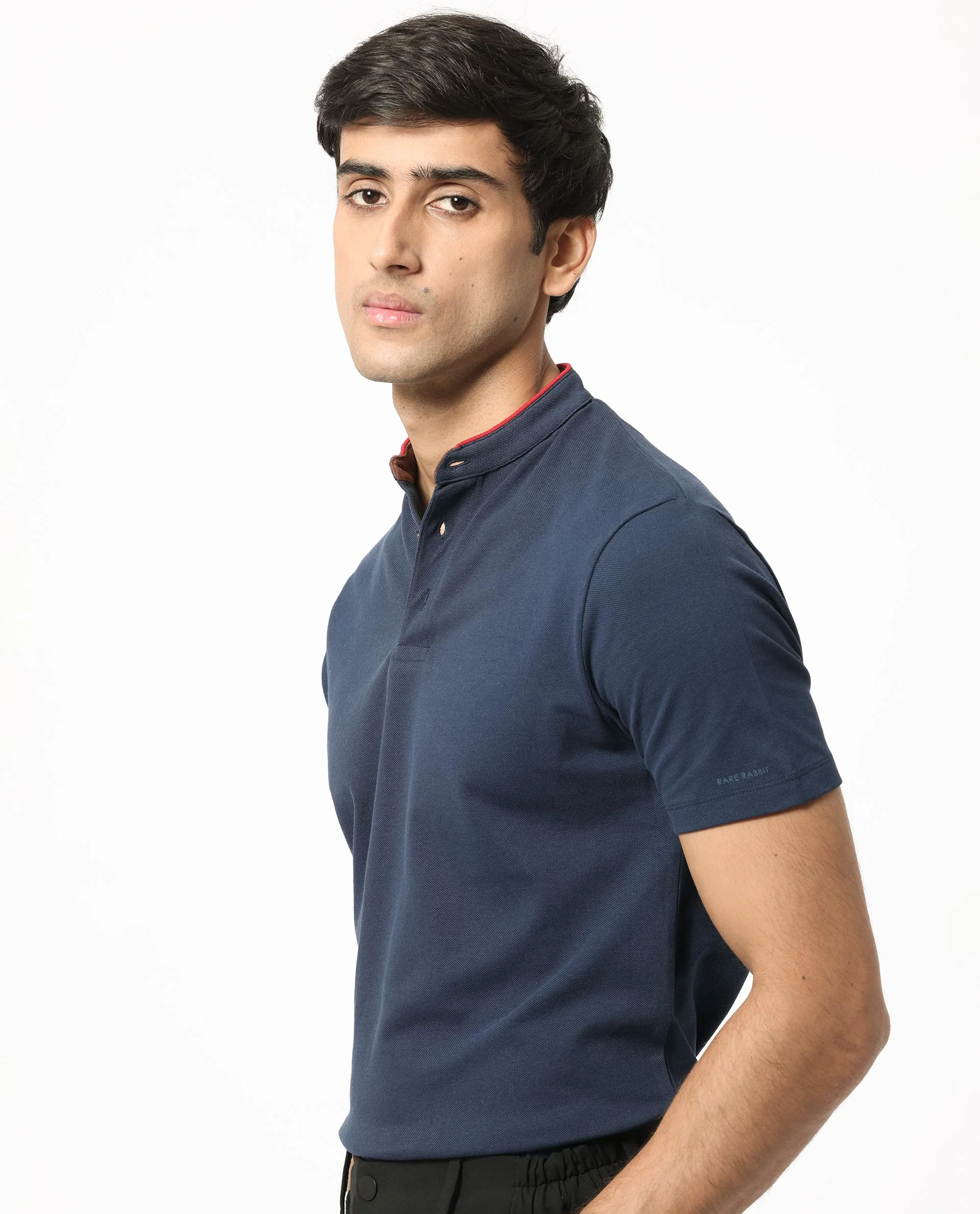 Rare Rabbit Men's Barrie Dark Navy Cotton Plain Slim Fit Half Sleeve Polo - Image 3