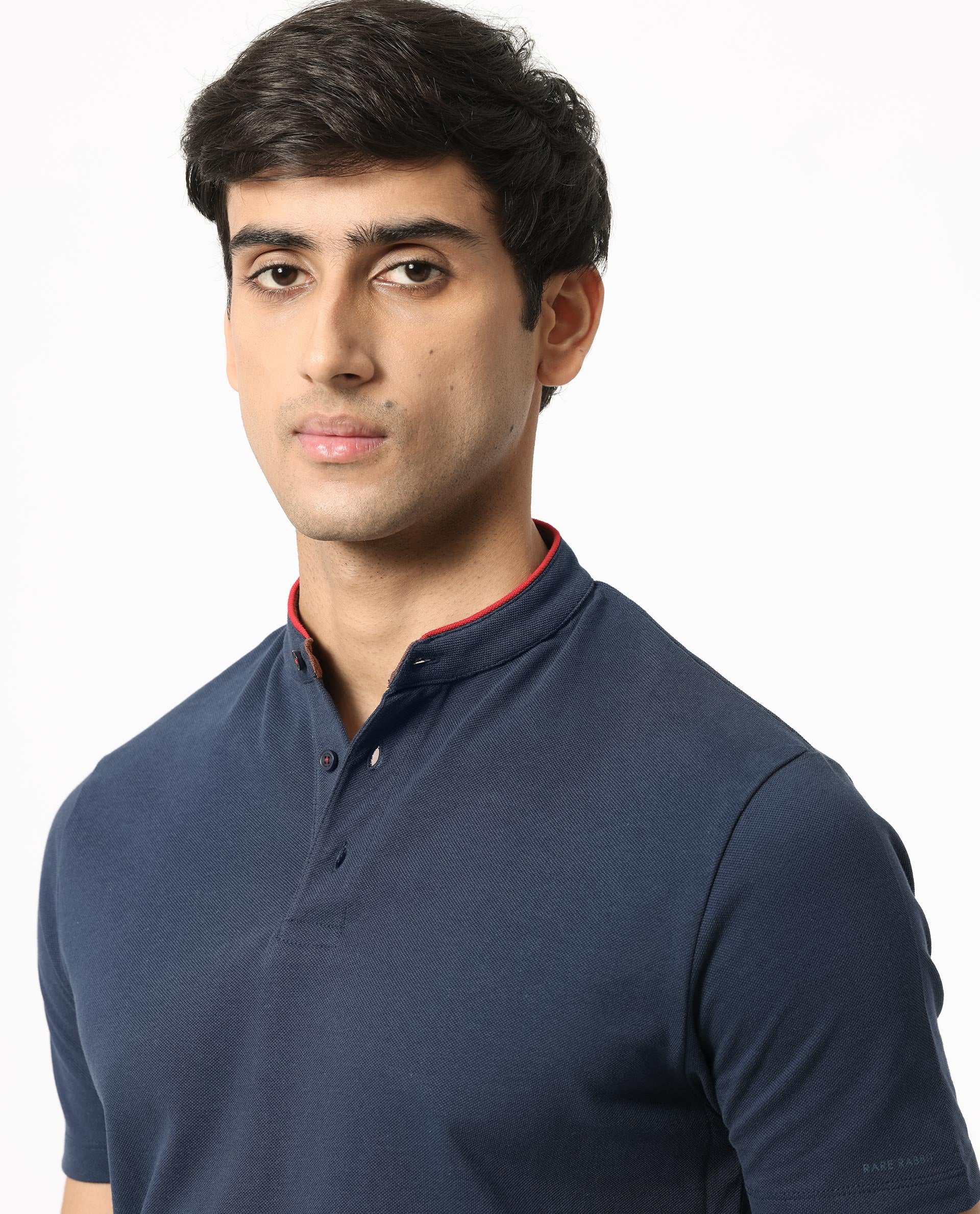 Rare Rabbit Men's Barrie Dark Navy Cotton Plain Slim Fit Half Sleeve Polo - Image 4