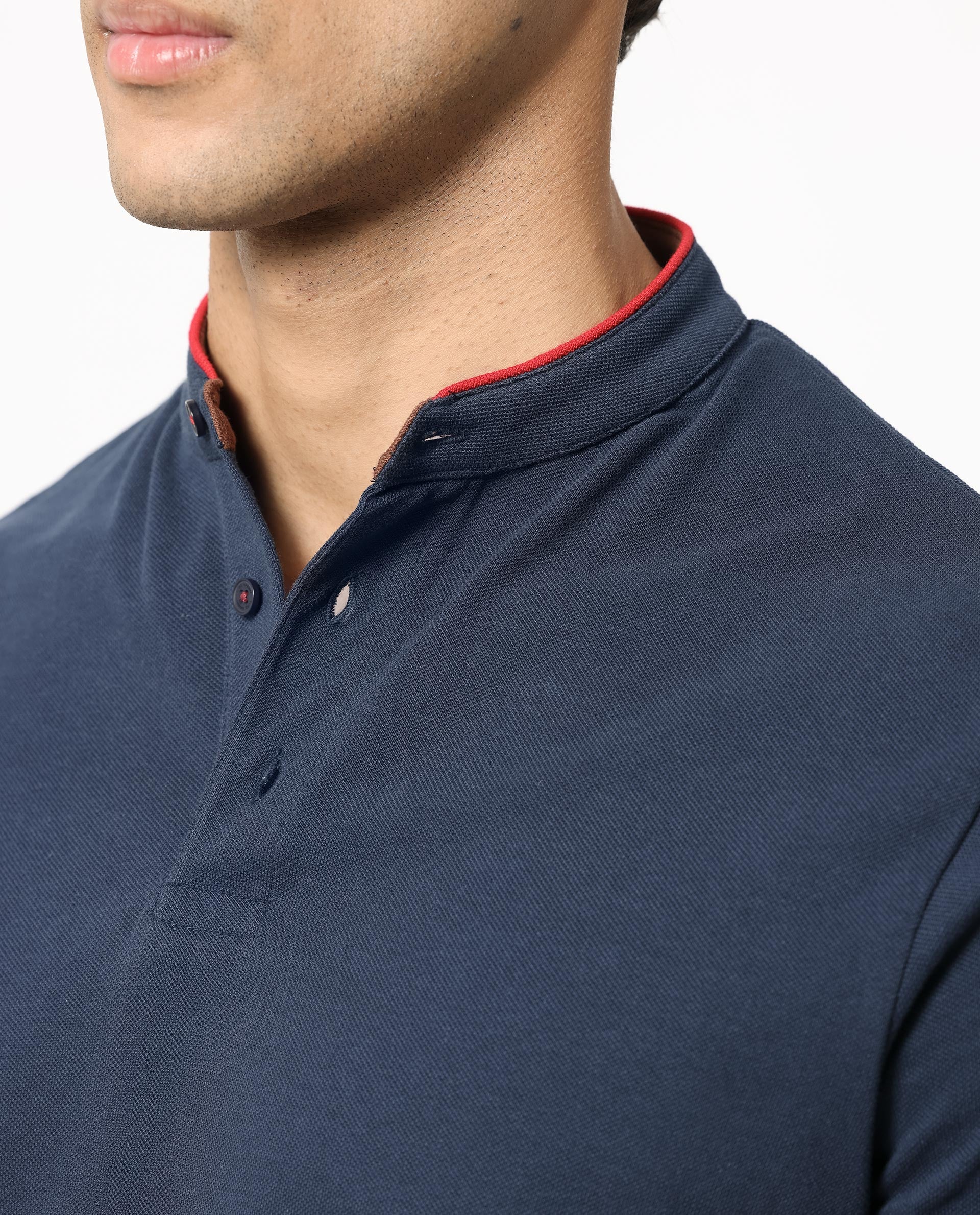 Rare Rabbit Men's Barrie Dark Navy Cotton Plain Slim Fit Half Sleeve Polo - Image 5