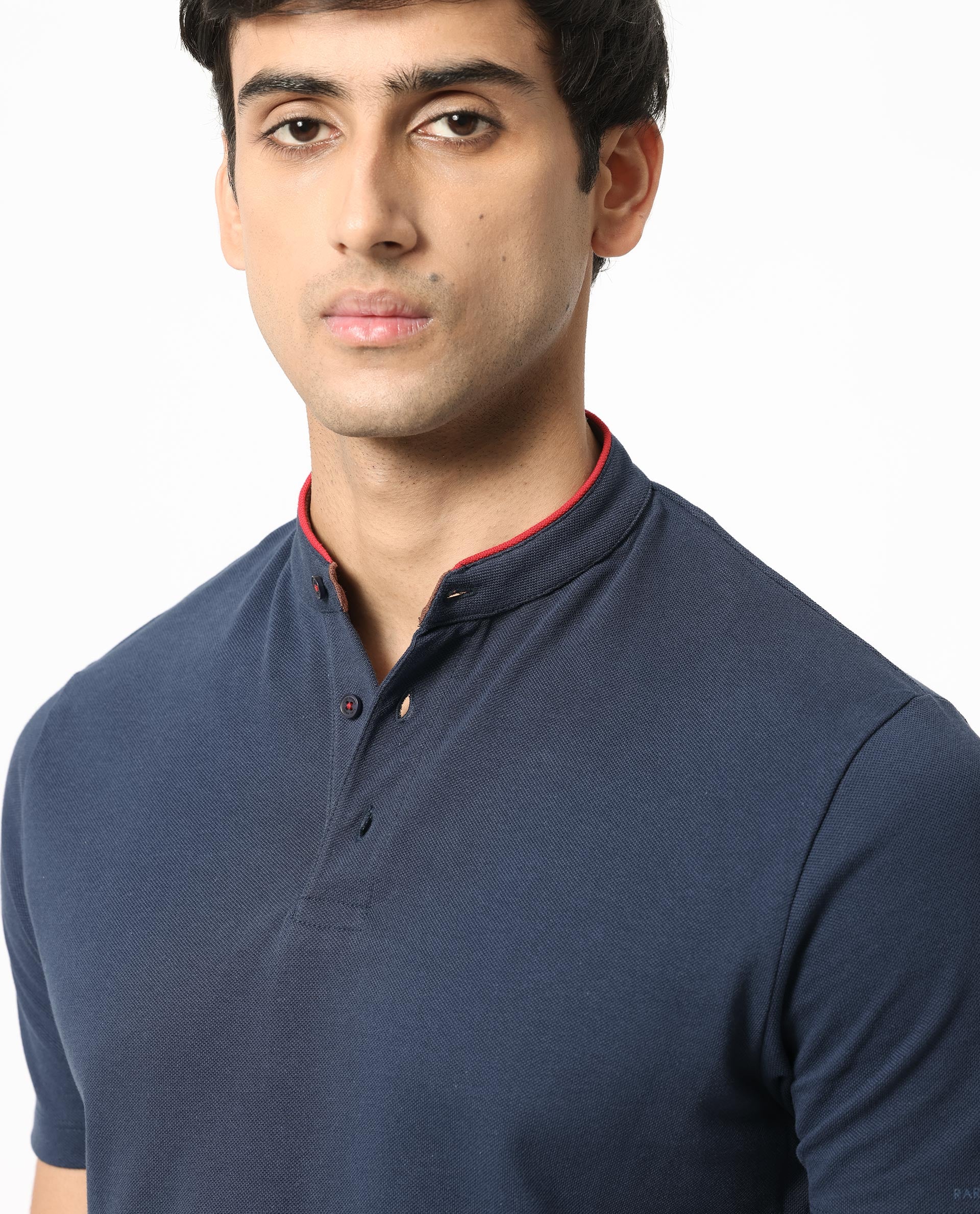 Rare Rabbit Men's Barrie Dark Navy Cotton Plain Slim Fit Half Sleeve Polo - Image 6