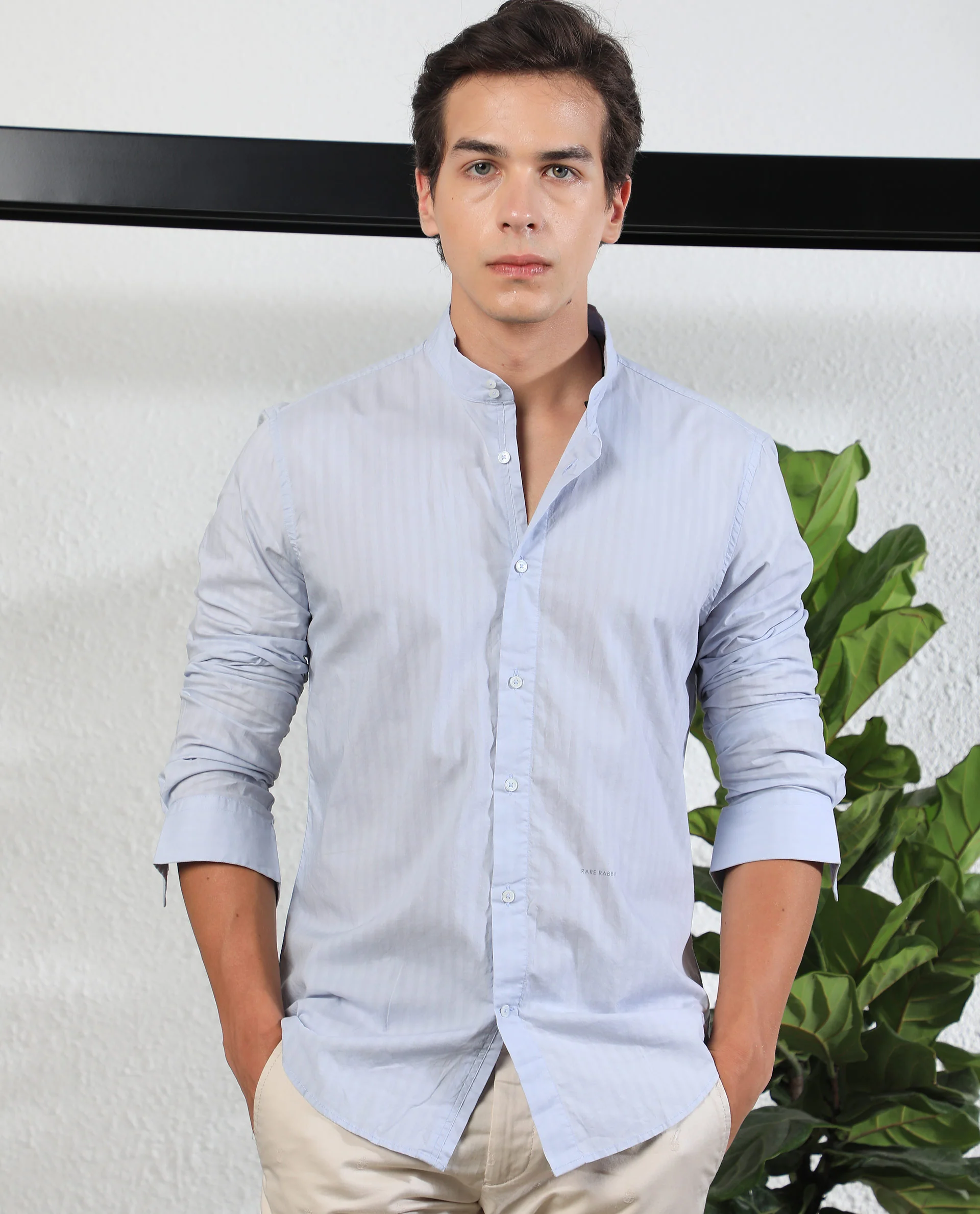 Rare Rabbit Men's Bars Blue Cotton Striped Print Regular Fit Full Sleeve Mandarin Collar Shirt - Image 7