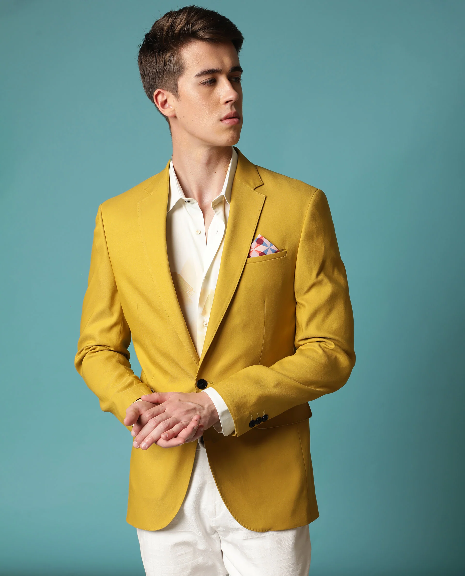 Rare Rabbit Men's Bart Mustard Polyester Plain Tailored Fit Full Sleeve Lapel Neck Blazer - Image 4