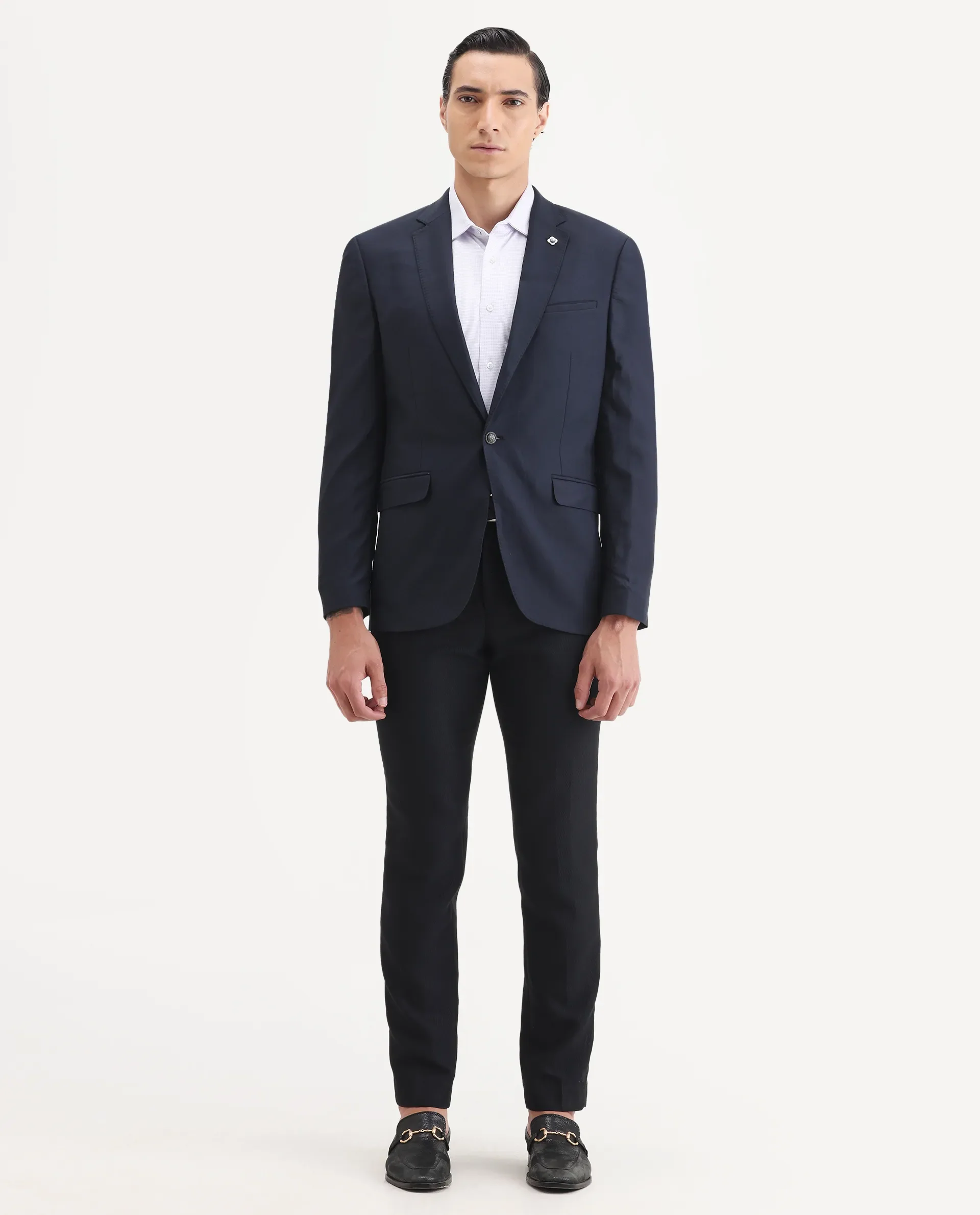 Rare Rabbit Men's Barton Navy Polyester Plain Tailored Fit Full Sleeve Lapel Neck Blazer - Image 2