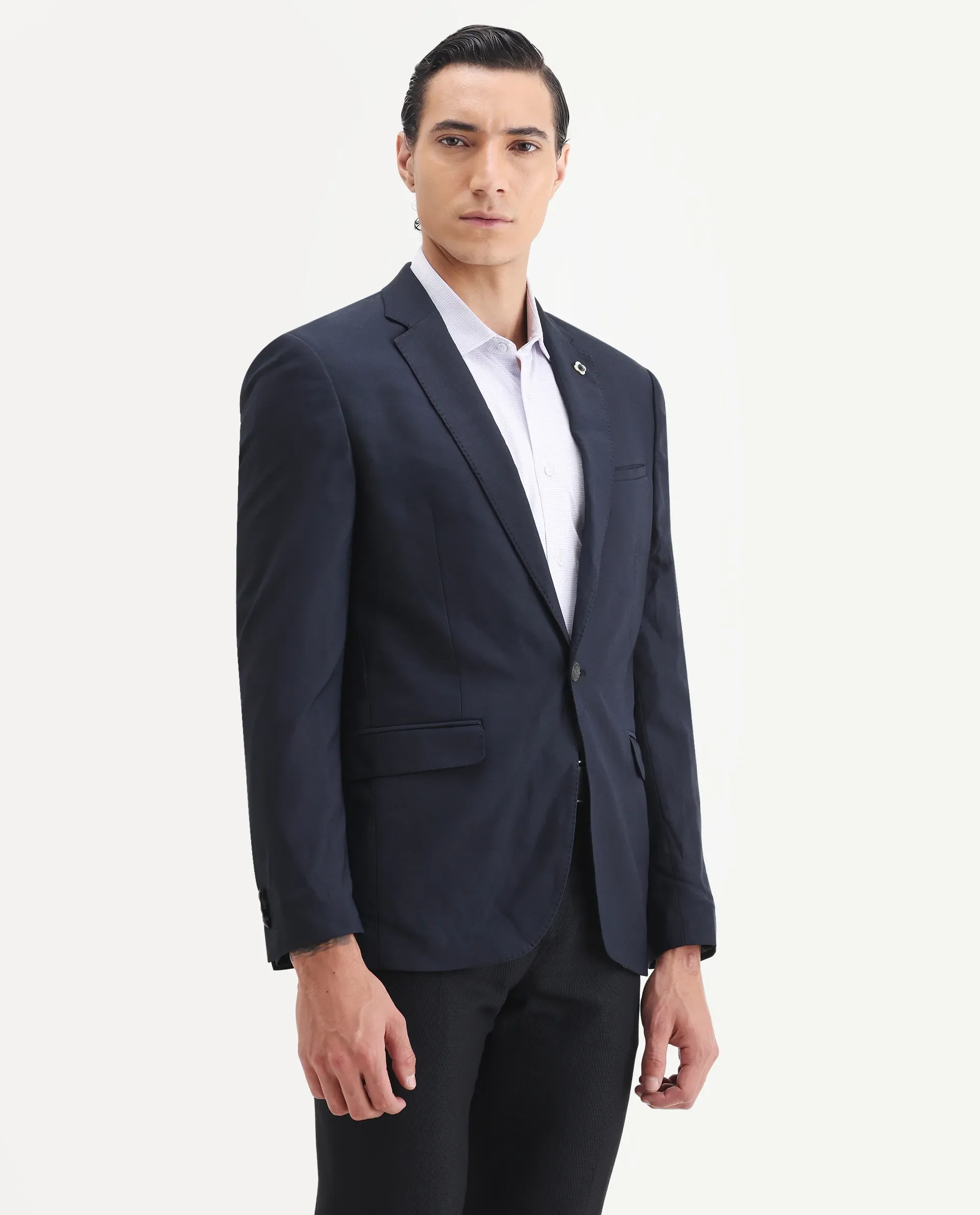 Rare Rabbit Men's Barton Navy Polyester Plain Tailored Fit Full Sleeve Lapel Neck Blazer - Image 4