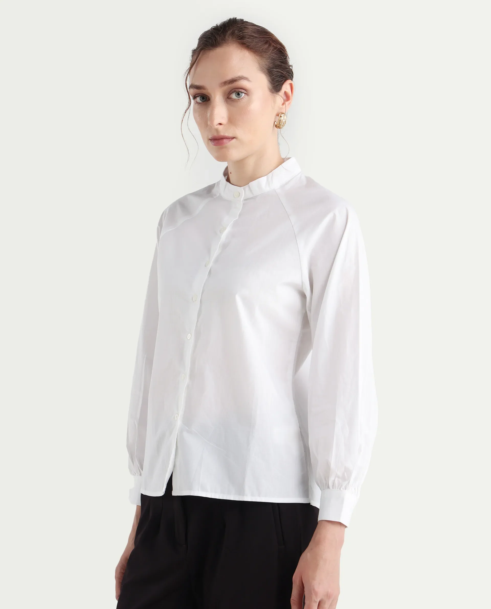 Rareism Women's Bartpo White Cotton Mandarin Collar Plain Raglan Sleeve Regular Fit Top - Image 6
