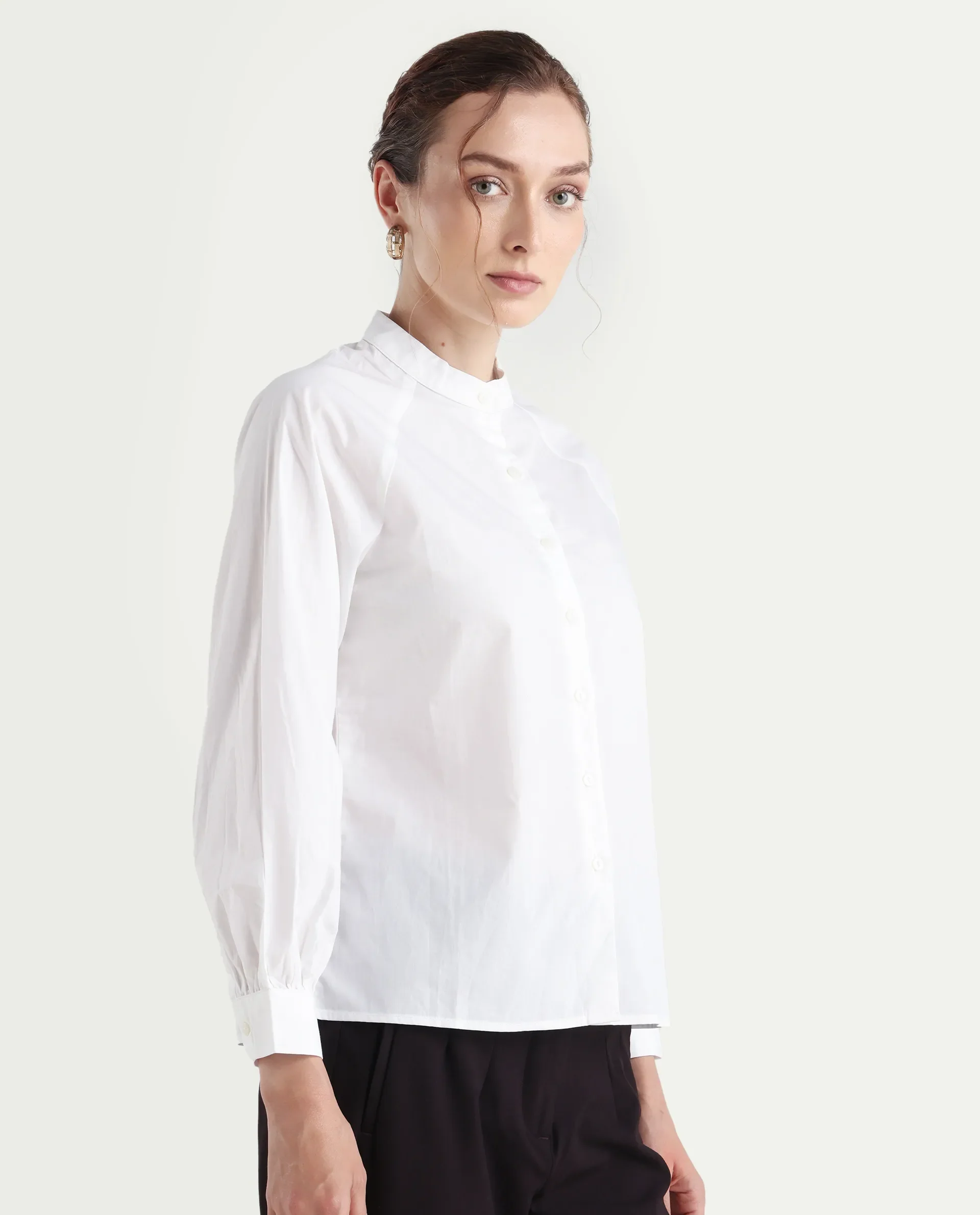 Rareism Women's Bartpo White Cotton Mandarin Collar Plain Raglan Sleeve Regular Fit Top - Image 7
