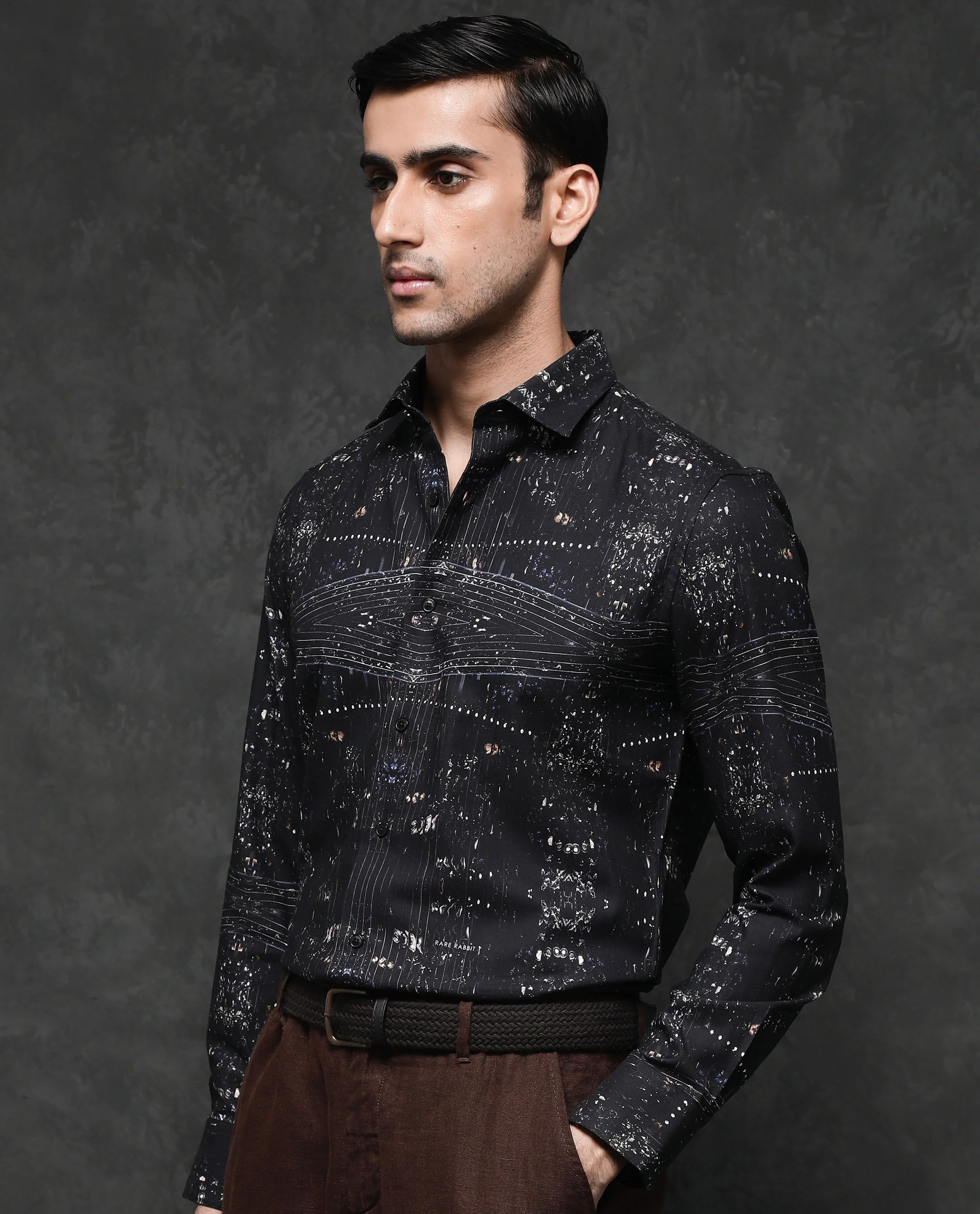 Rare Rabbit Men's Basco Black Viscose Abstract Print Regular Fit Full Sleeve Collared Shirt - Image 3