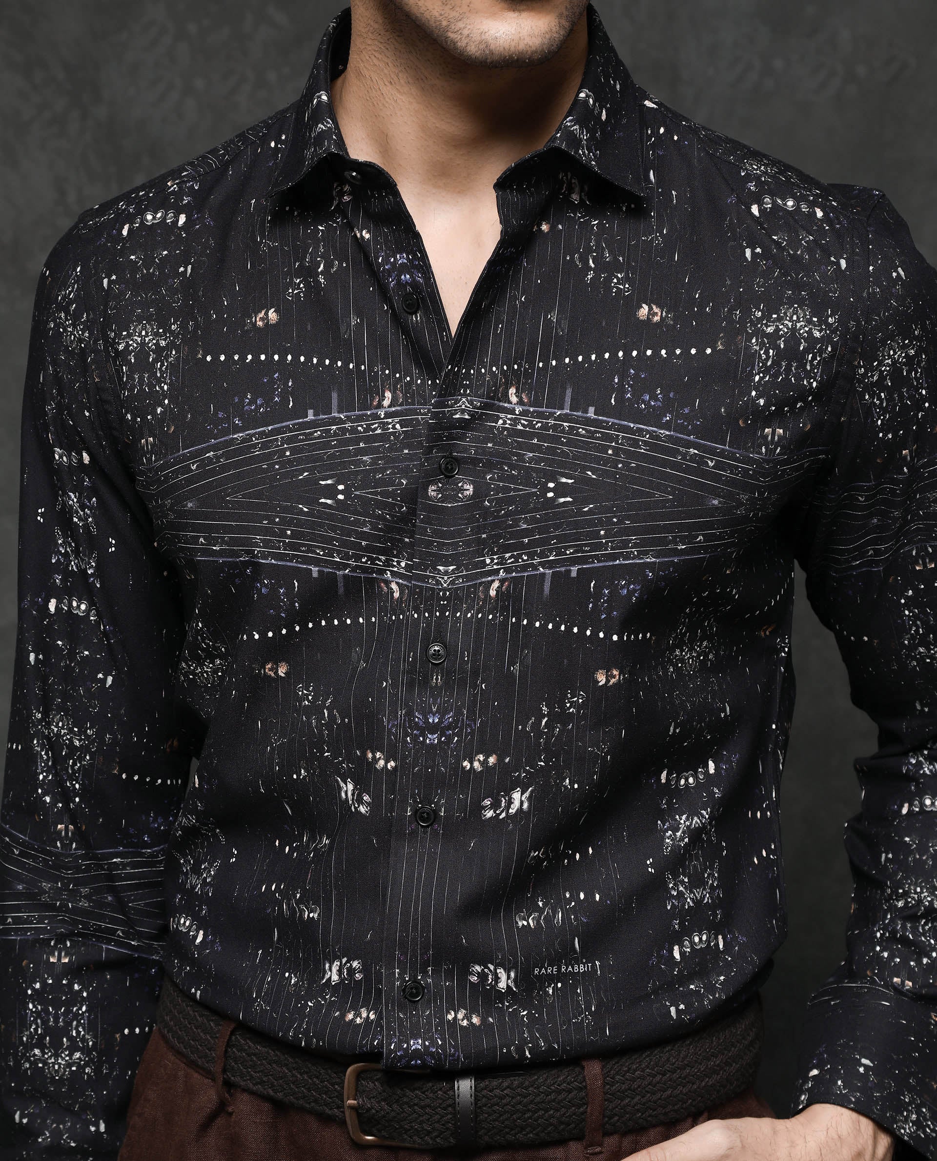 Rare Rabbit Men's Basco Black Viscose Abstract Print Regular Fit Full Sleeve Collared Shirt - Image 4
