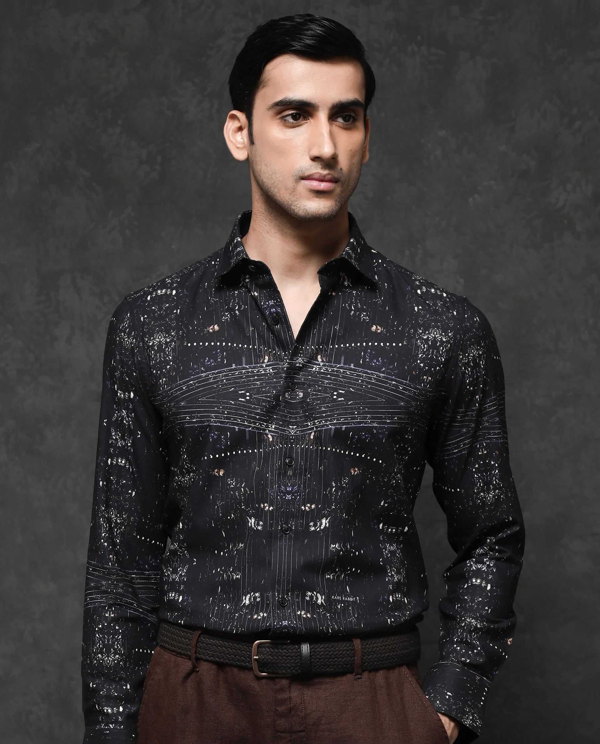Rare Rabbit Men's Basco Black Viscose Abstract Print Regular Fit Full Sleeve Collared Shirt - Image 6