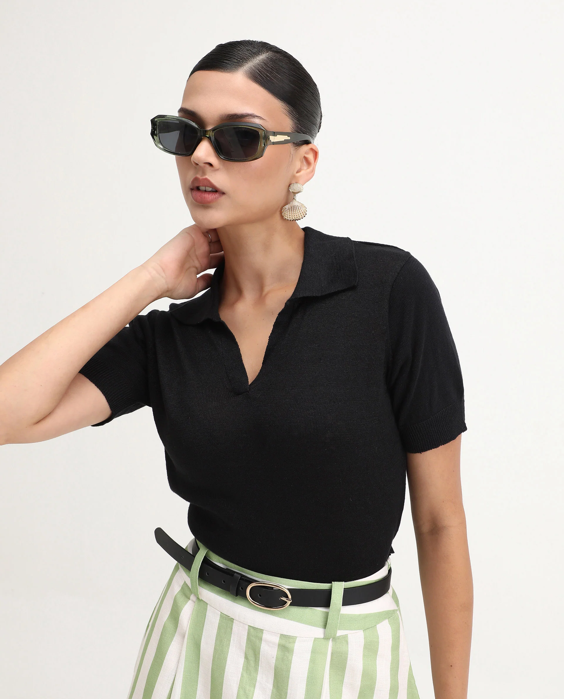 Rareism Women's Basel Black Cotton Linen Polo Neck Plain Regular Fit Polo - Image 3