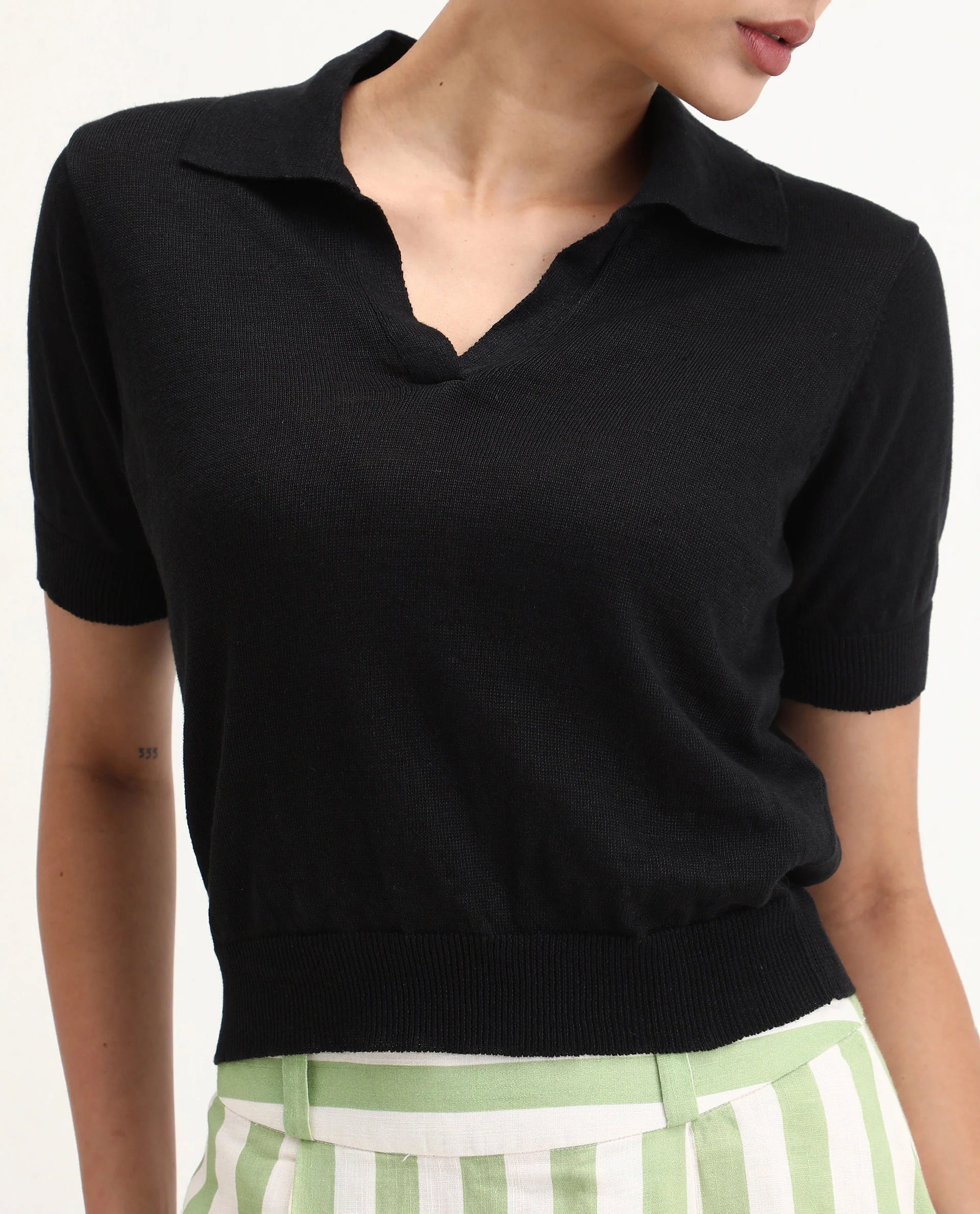 Rareism Women's Basel Black Cotton Linen Polo Neck Plain Regular Fit Polo - Image 4
