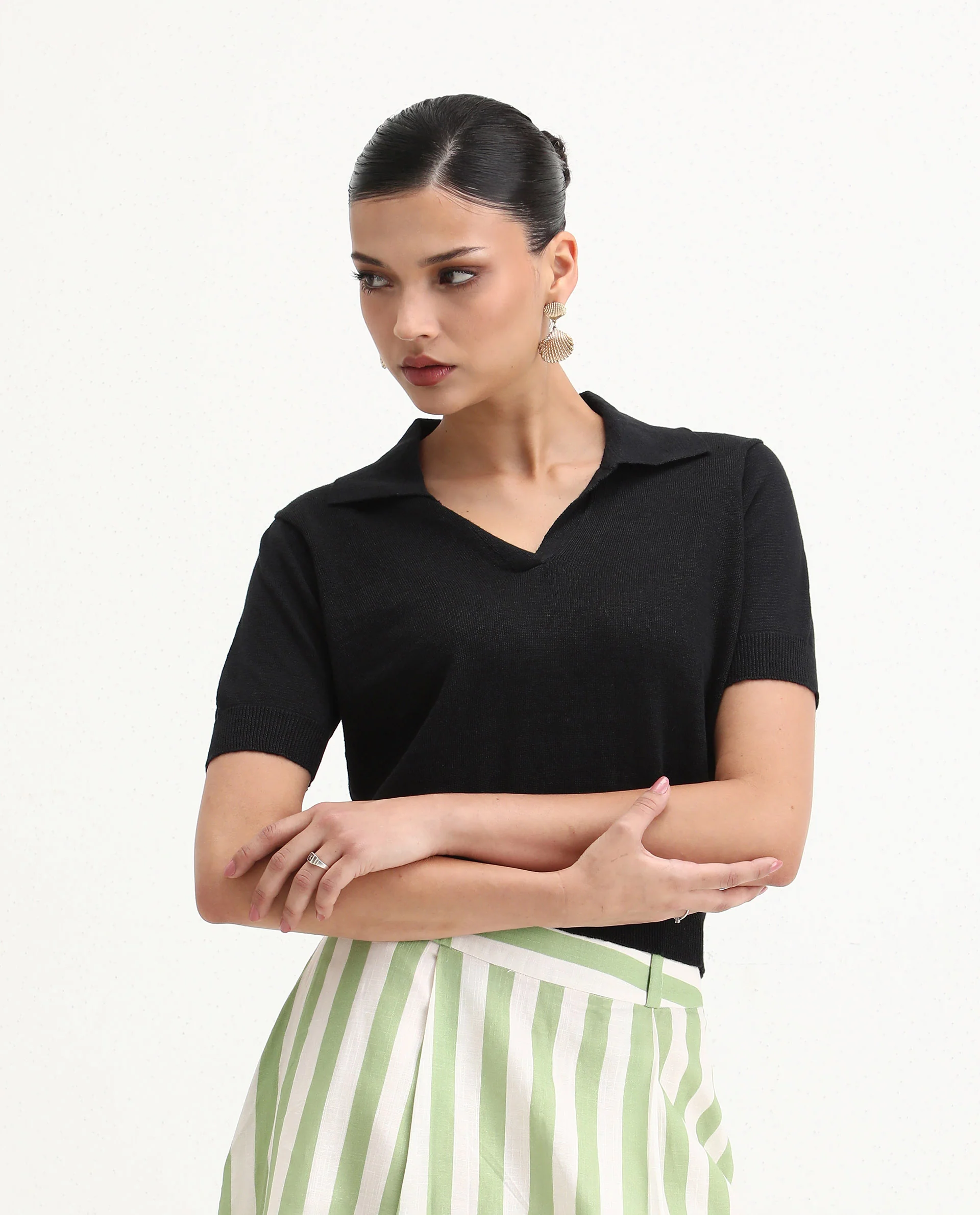 Rareism Women's Basel Black Cotton Linen Polo Neck Plain Regular Fit Polo - Image 5