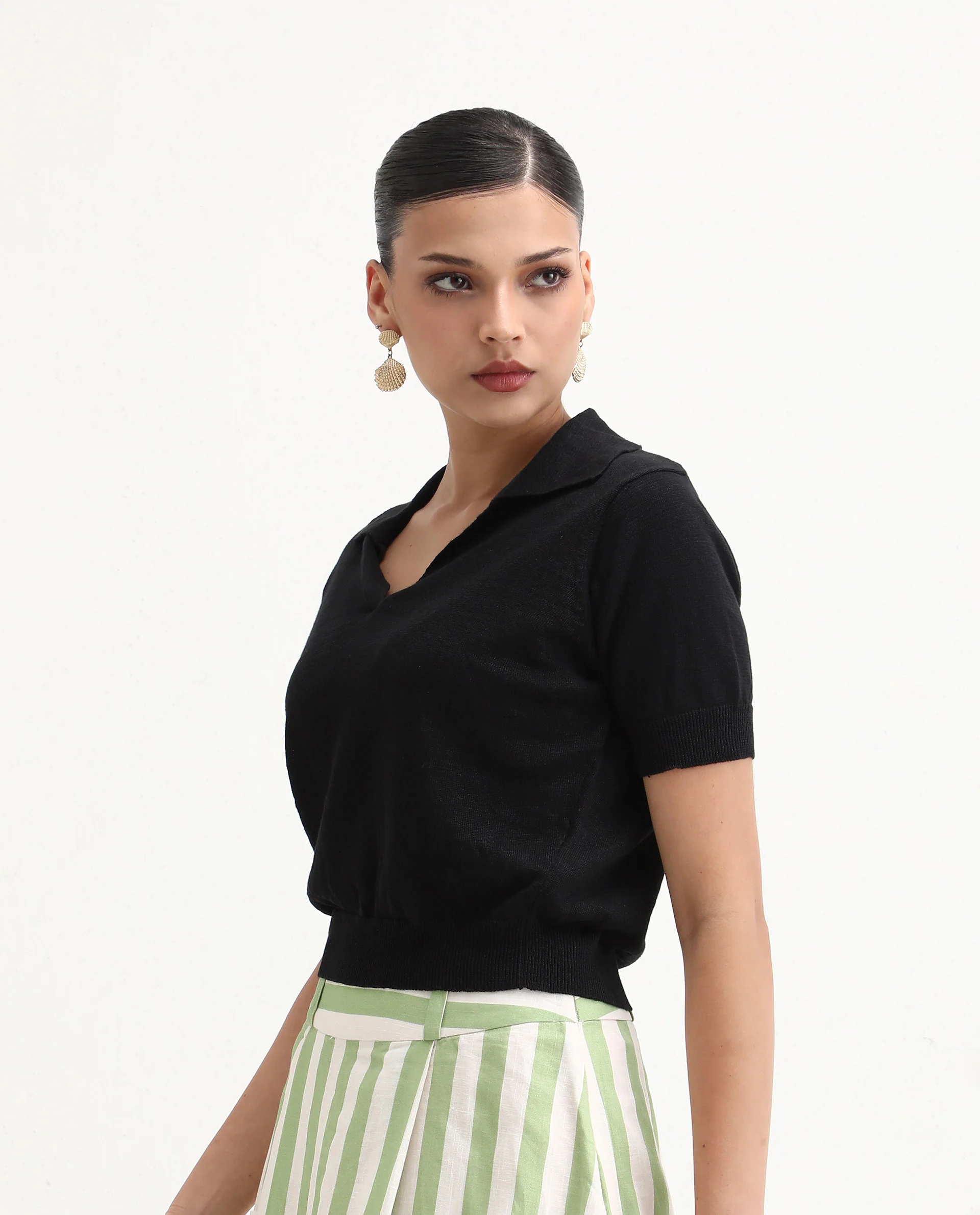 Rareism Women's Basel Black Cotton Linen Polo Neck Plain Regular Fit Polo - Image 6