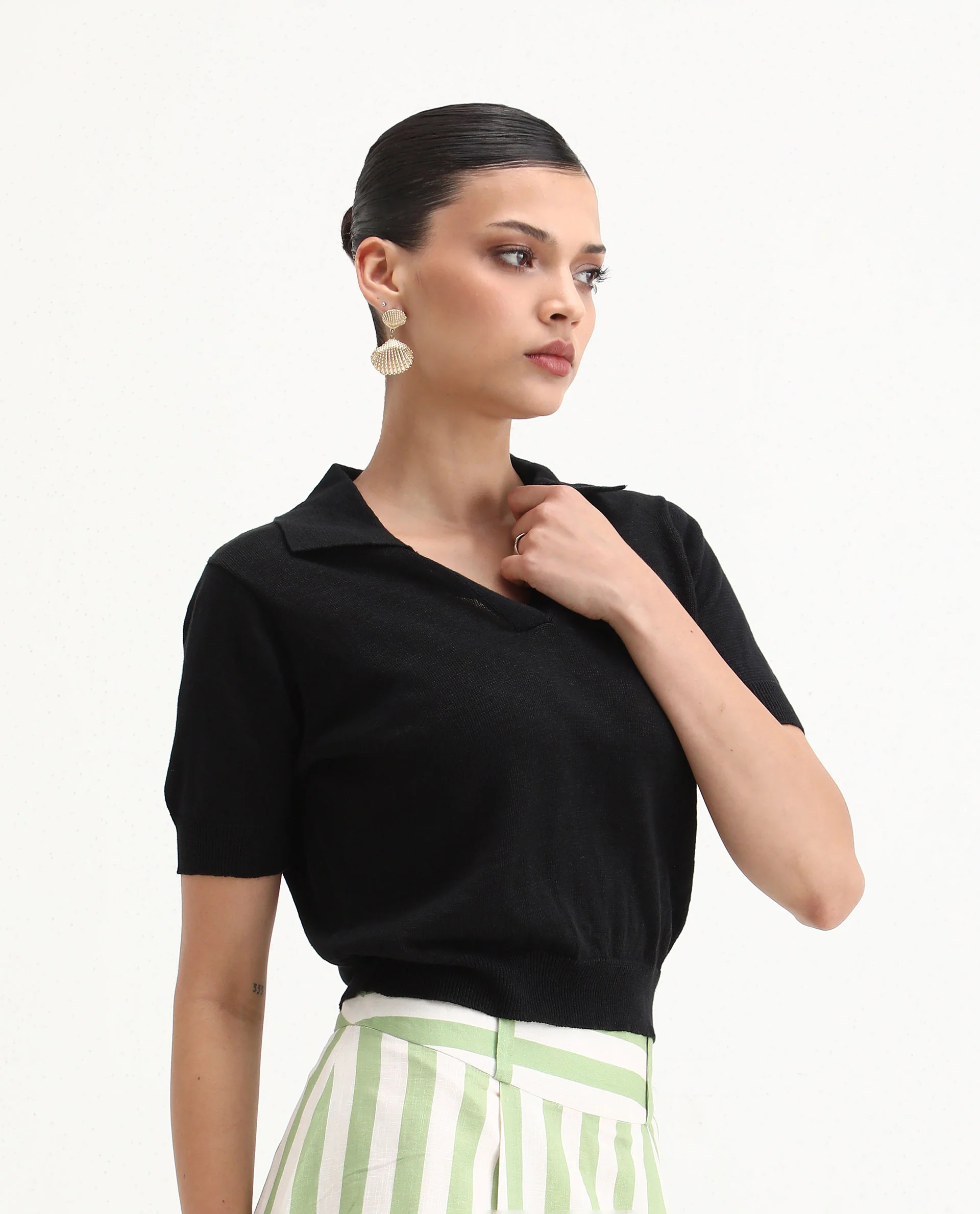 Rareism Women's Basel Black Cotton Linen Polo Neck Plain Regular Fit Polo - Image 7