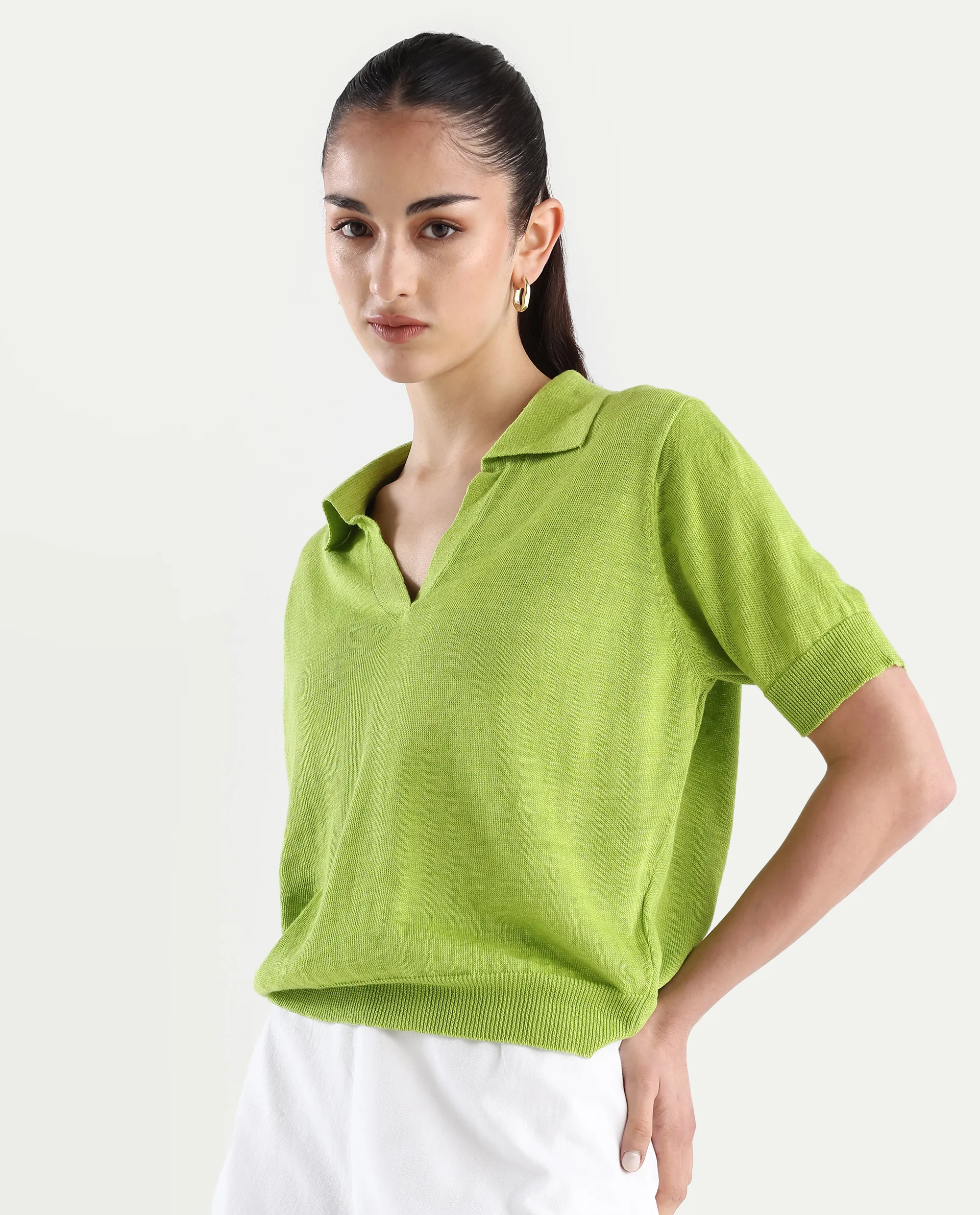 Rareism Women's Basel Flouroscent Green Cotton Linen Polo Neck Plain Regular Fit Polo - Image 2