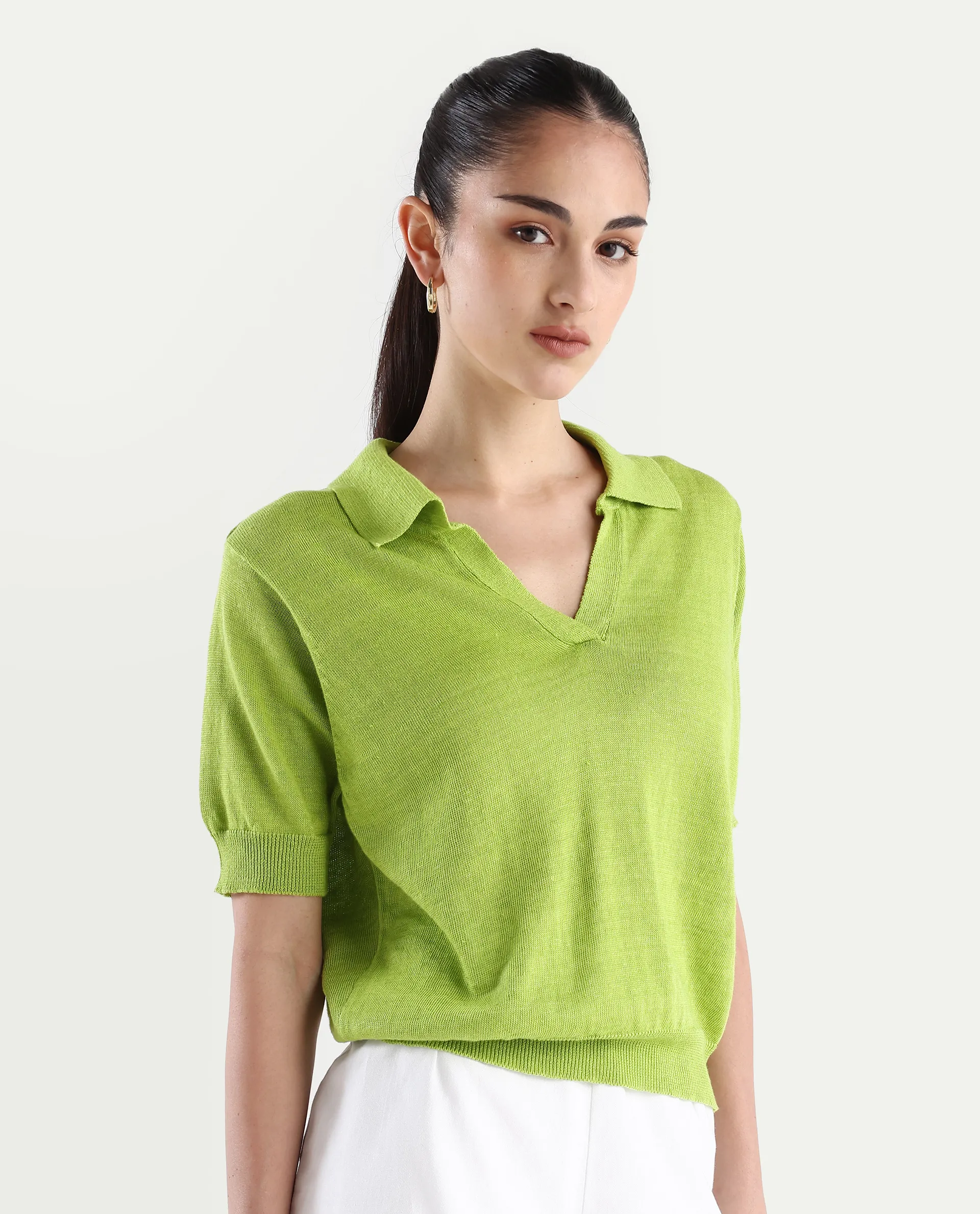 Rareism Women's Basel Flouroscent Green Cotton Linen Polo Neck Plain Regular Fit Polo - Image 3