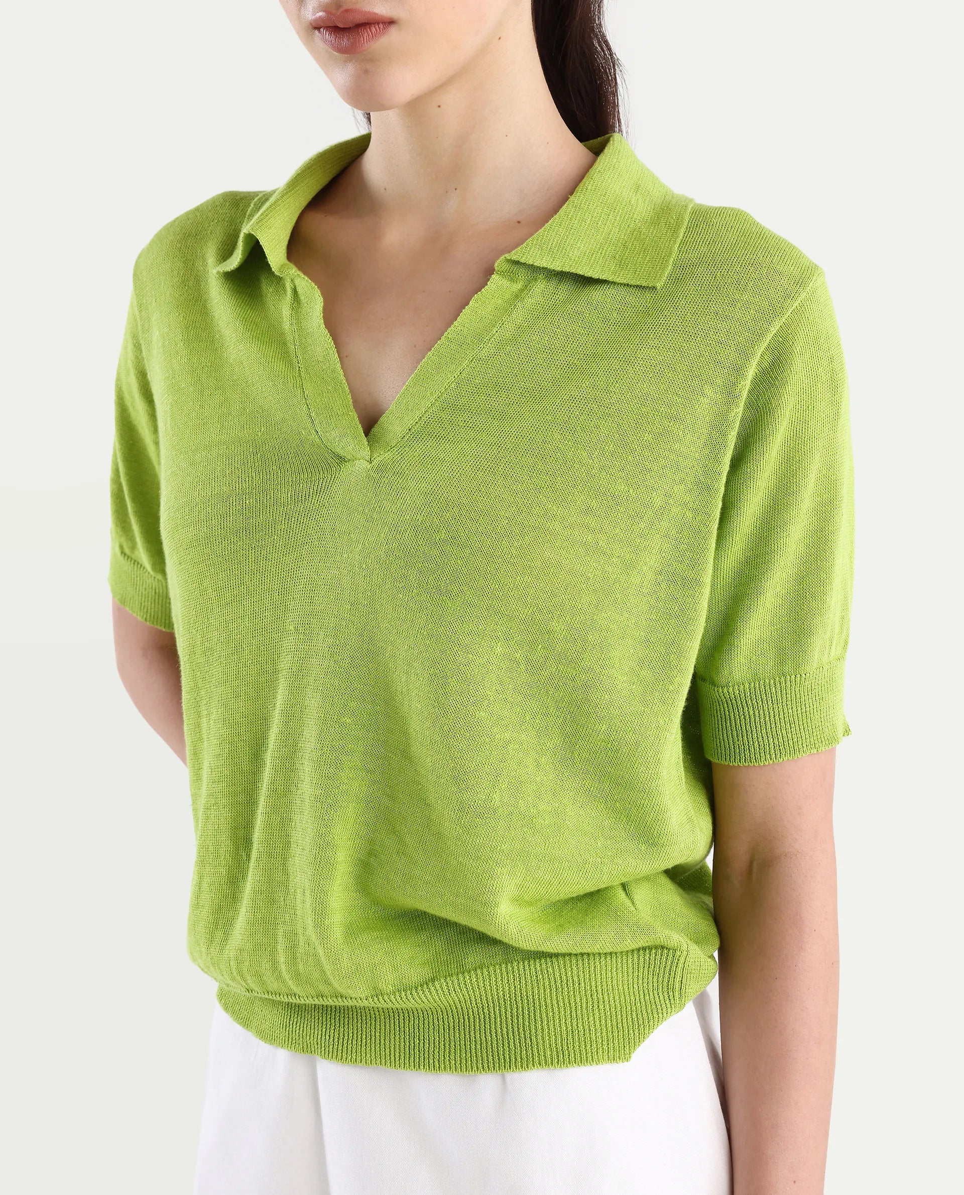 Rareism Women's Basel Flouroscent Green Cotton Linen Polo Neck Plain Regular Fit Polo - Image 4