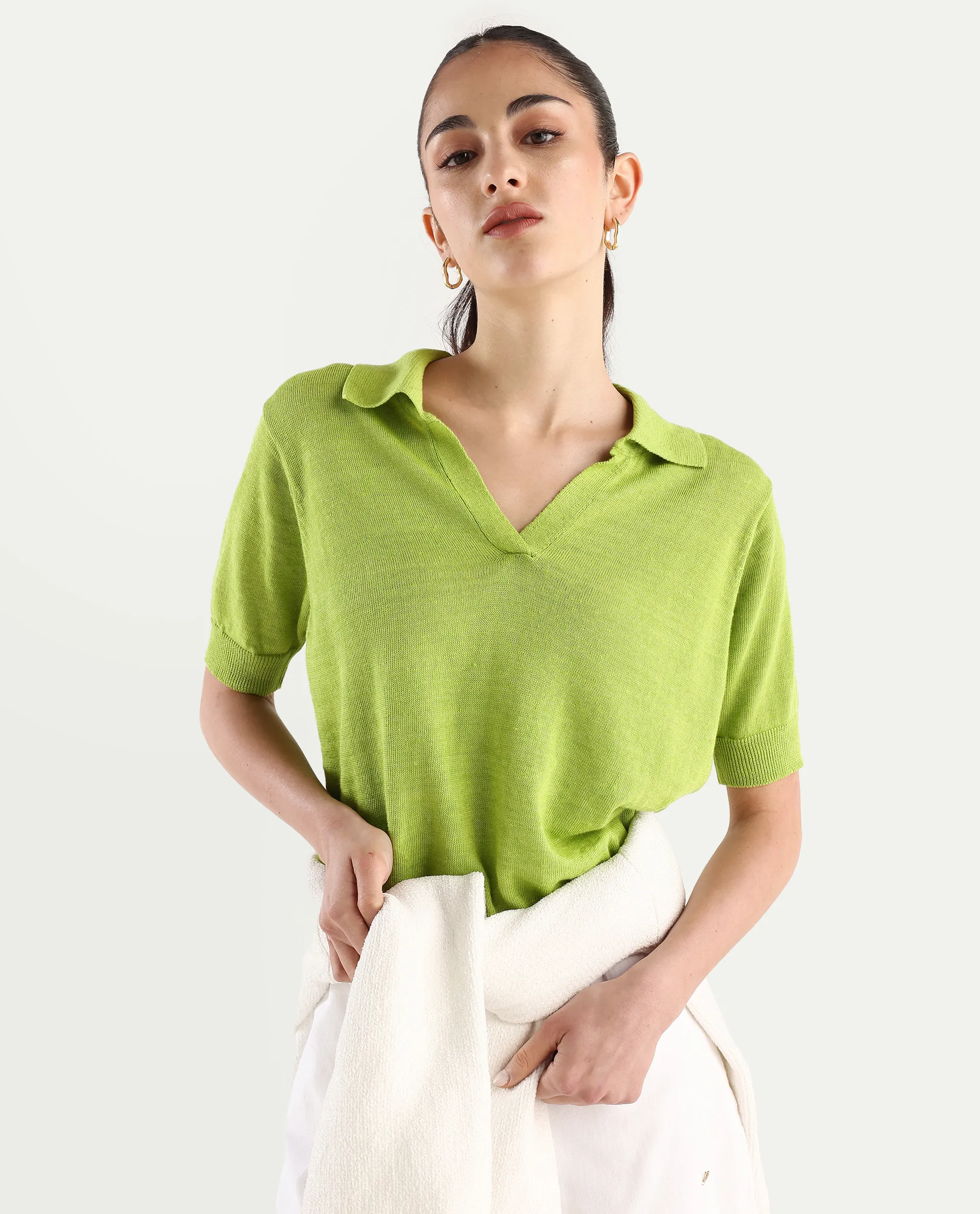Rareism Women's Basel Flouroscent Green Cotton Linen Polo Neck Plain Regular Fit Polo - Image 7