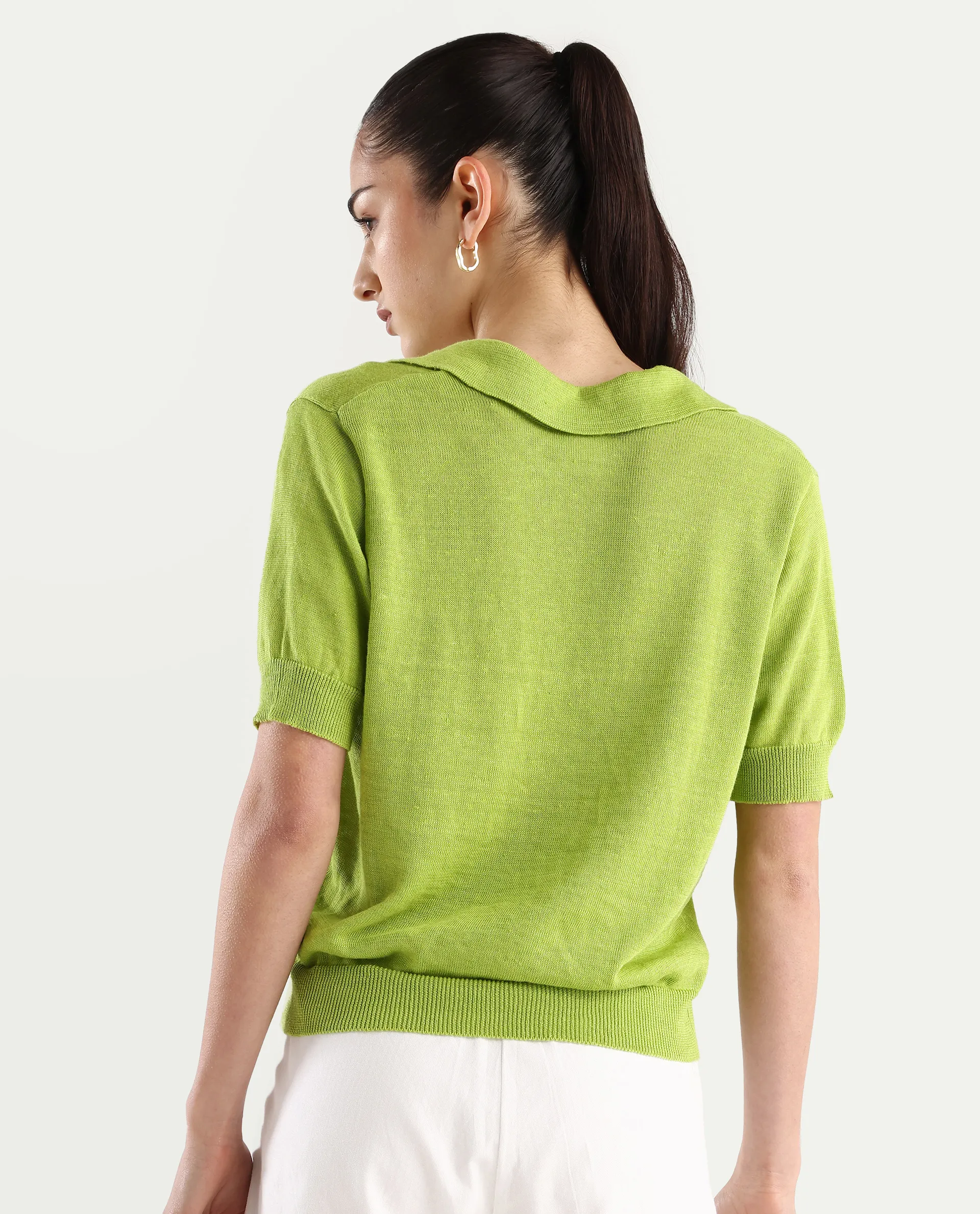Rareism Women's Basel Flouroscent Green Cotton Linen Polo Neck Plain Regular Fit Polo - Image 8
