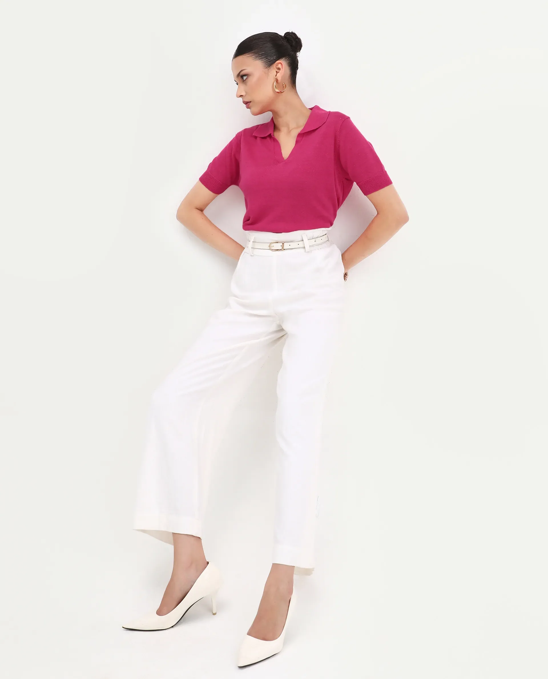 Rareism Women's Basel Flouroscent Pink Cotton Blend Polo Neck Plain Regular Fit Polo - Image 2