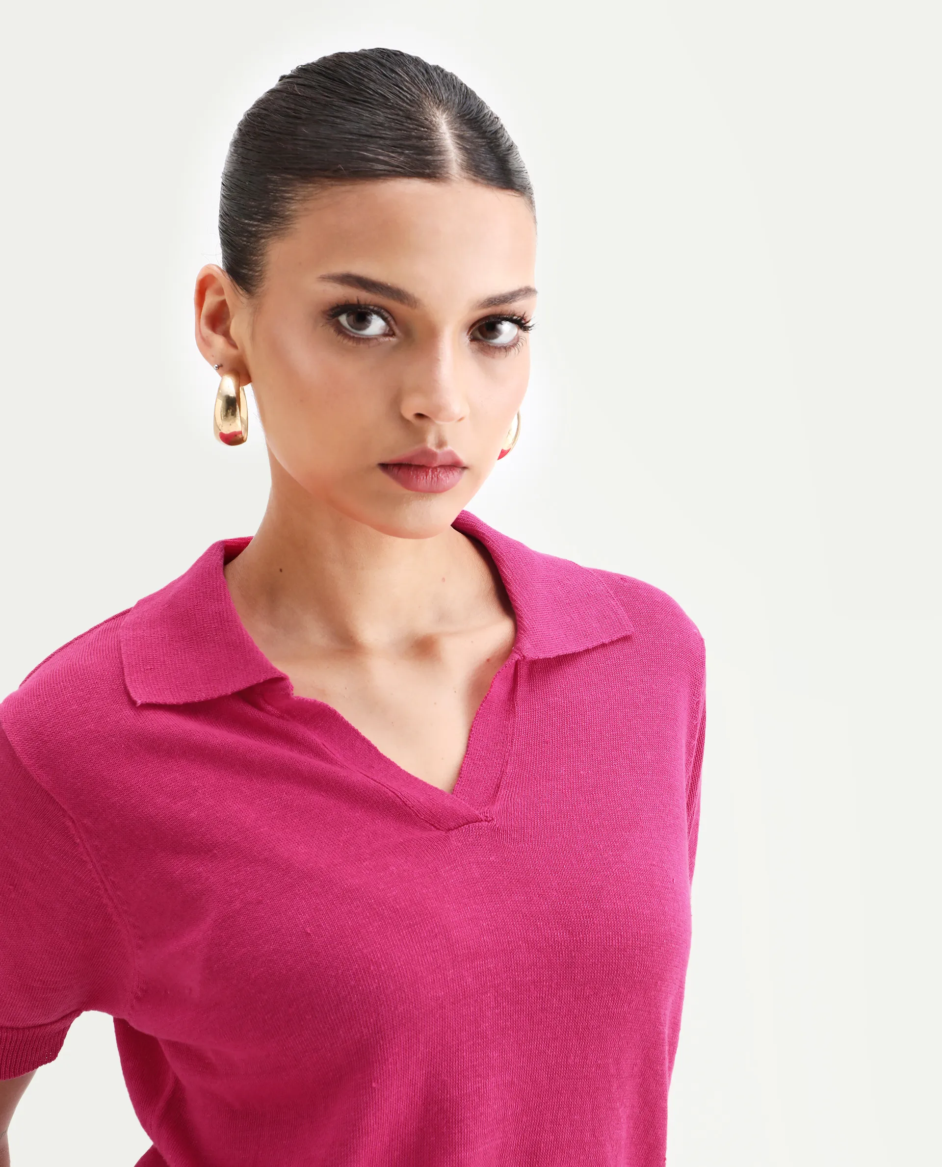 Rareism Women's Basel Flouroscent Pink Cotton Blend Polo Neck Plain Regular Fit Polo - Image 3