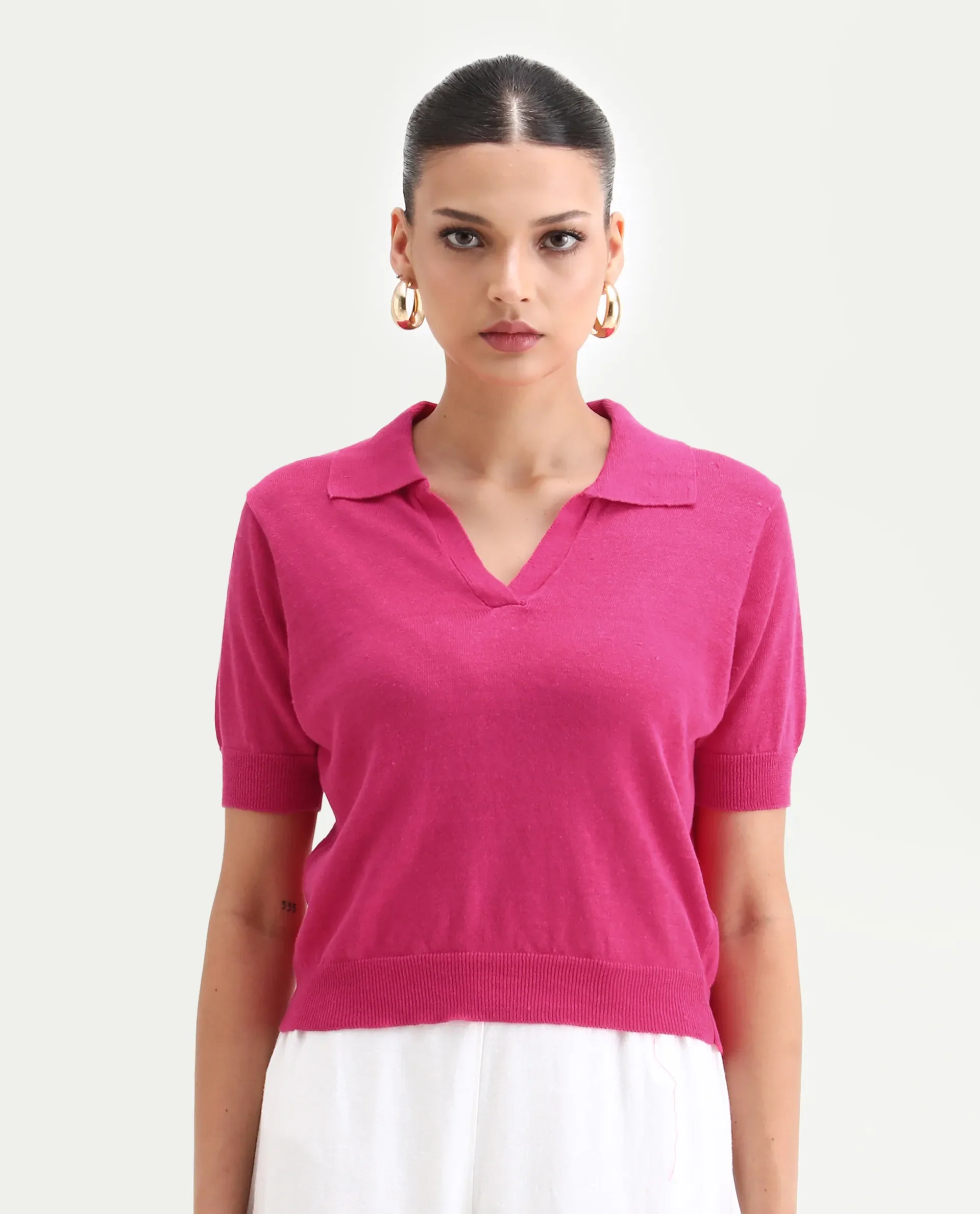Rareism Women's Basel Flouroscent Pink Cotton Blend Polo Neck Plain Regular Fit Polo - Image 4