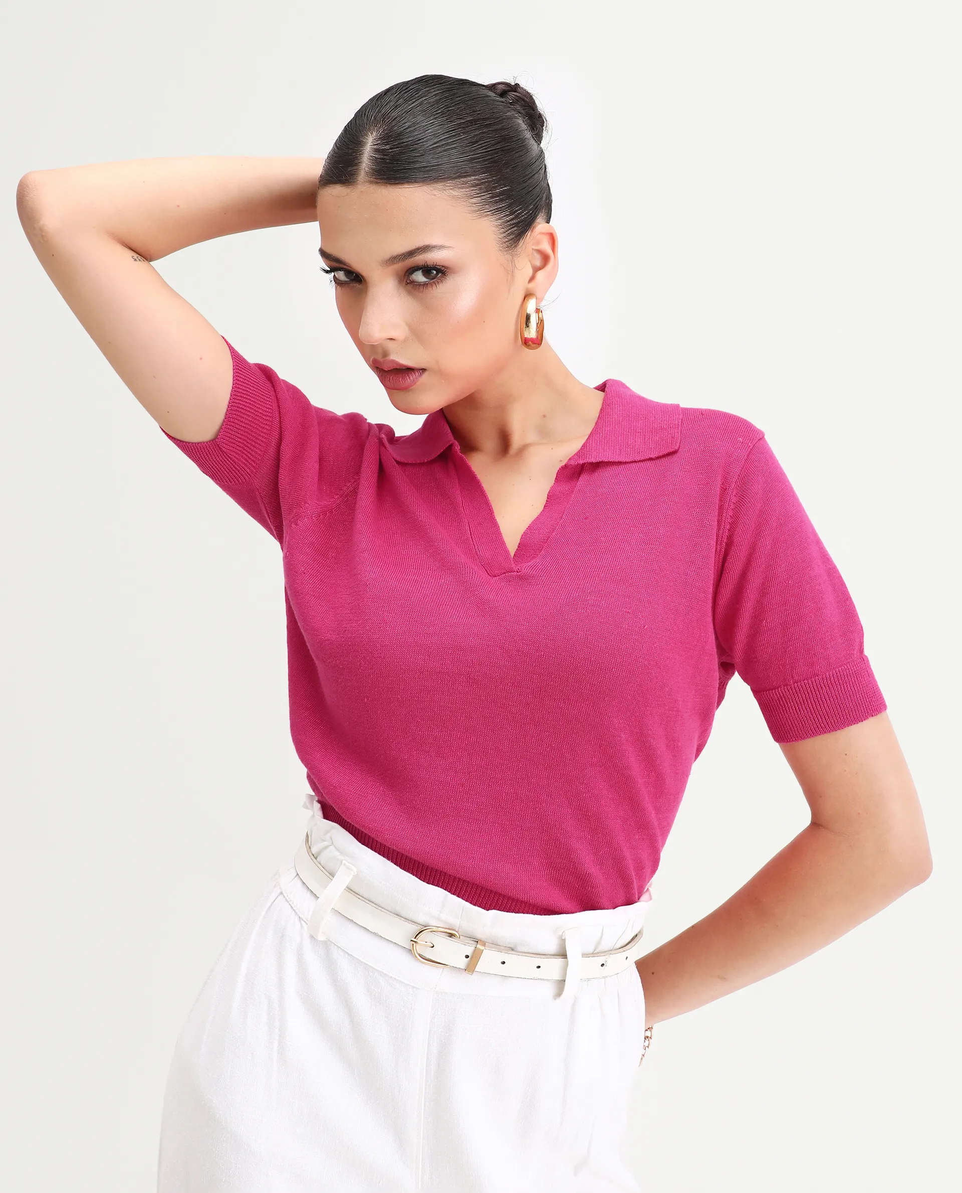 Rareism Women's Basel Flouroscent Pink Cotton Blend Polo Neck Plain Regular Fit Polo - Image 6