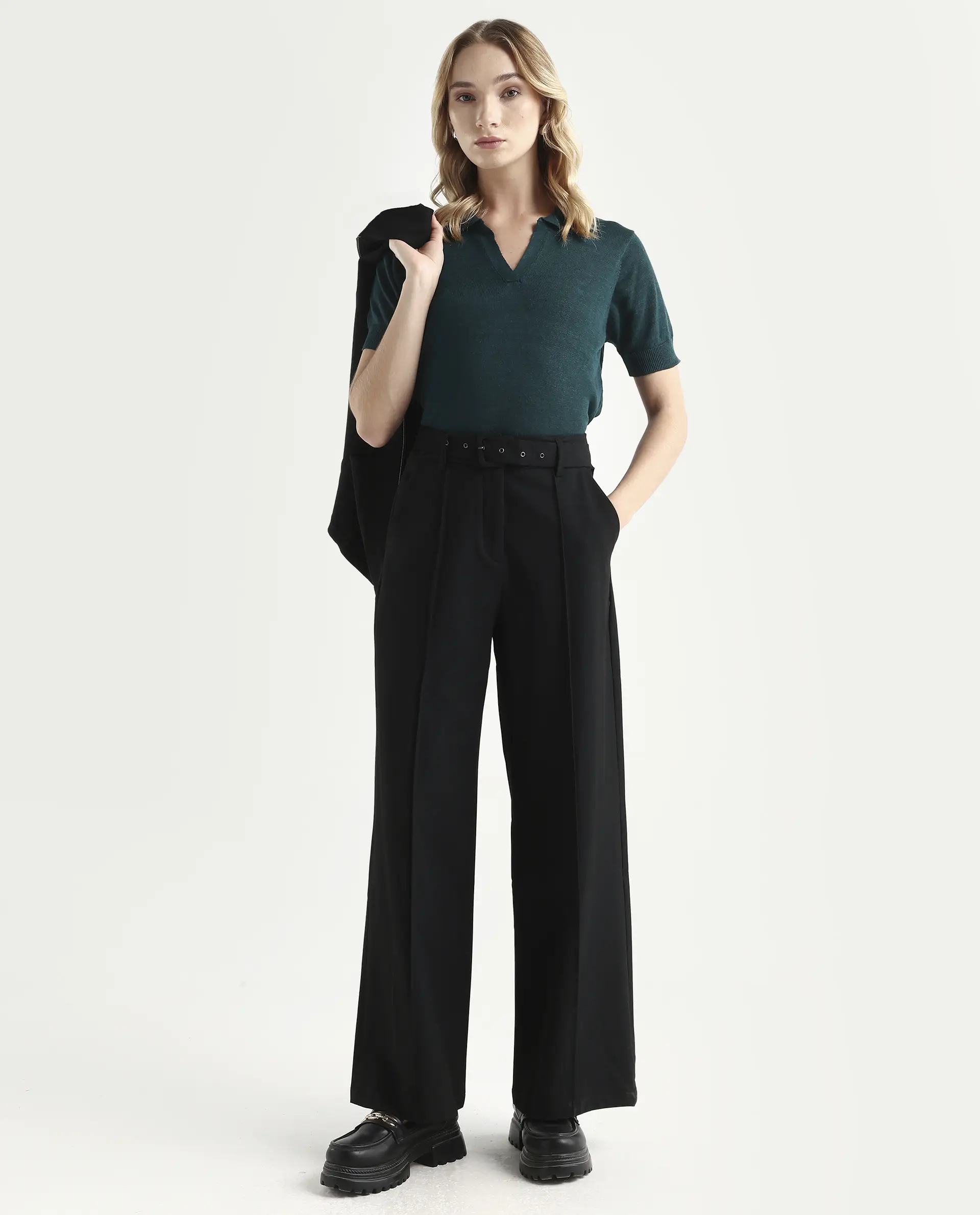 Rareism Women's Basel Green Cotton Linen Polo Neck Plain Regular Fit Polo - Image 2