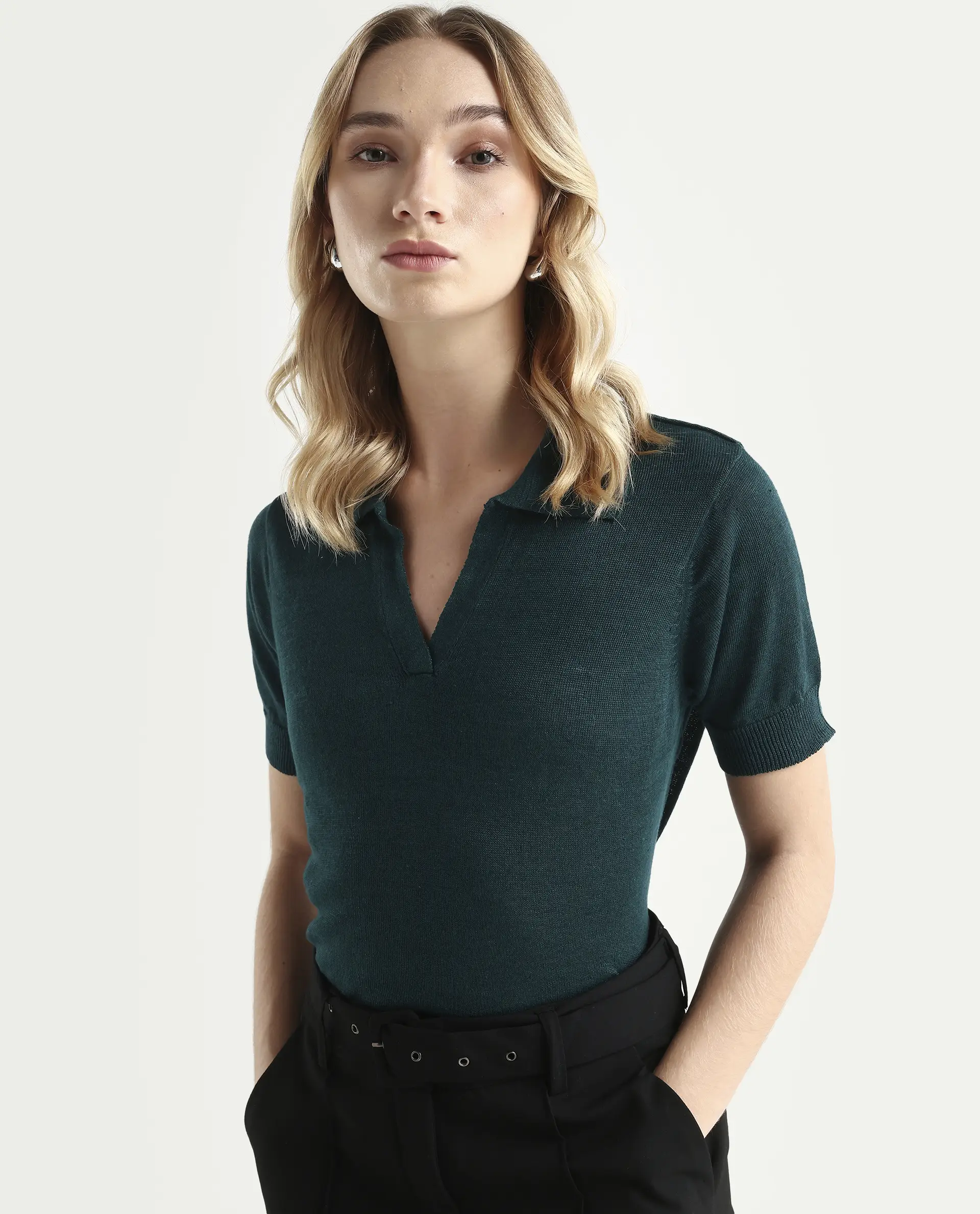 Rareism Women's Basel Green Cotton Linen Polo Neck Plain Regular Fit Polo - Image 3