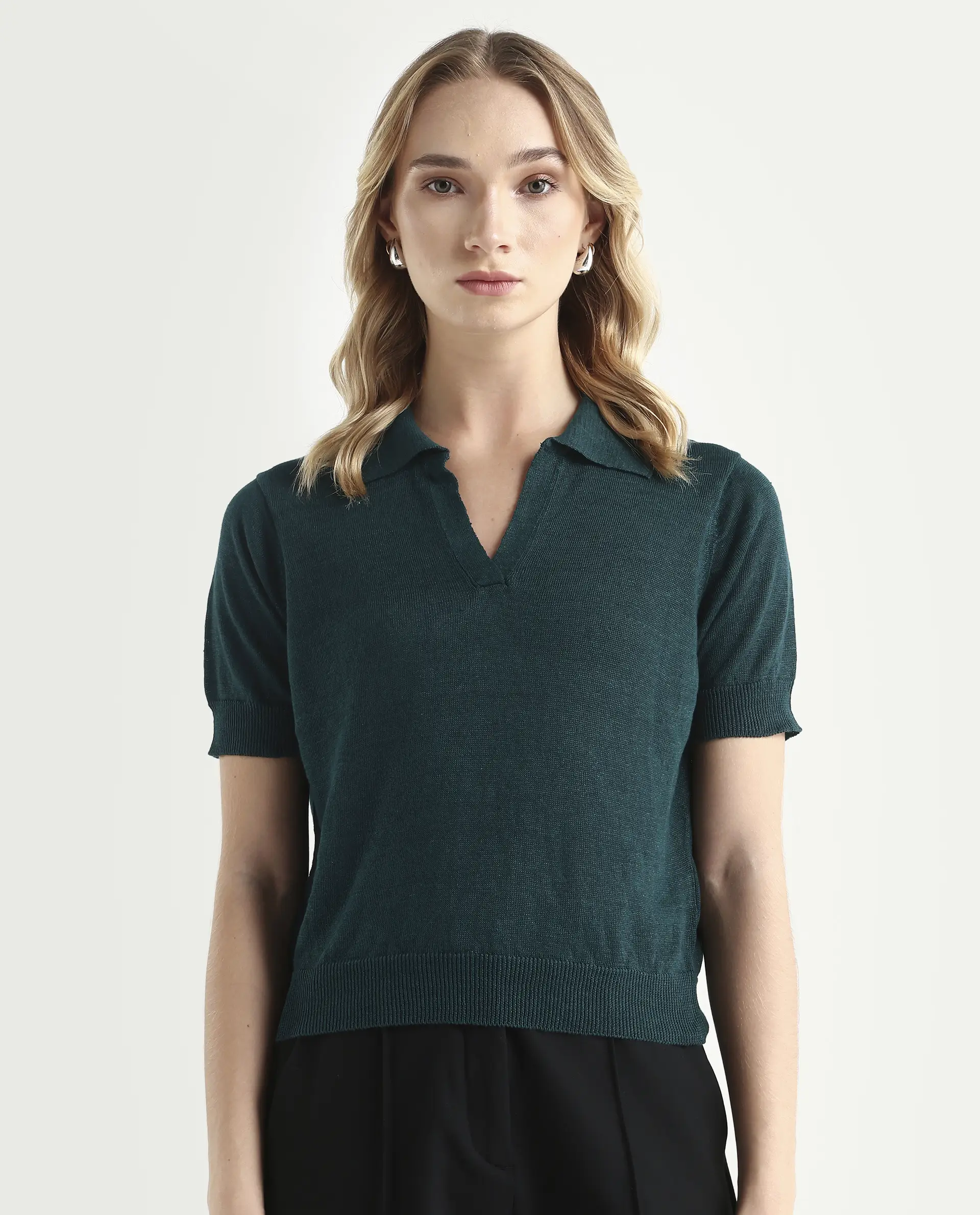Rareism Women's Basel Green Cotton Linen Polo Neck Plain Regular Fit Polo - Image 4