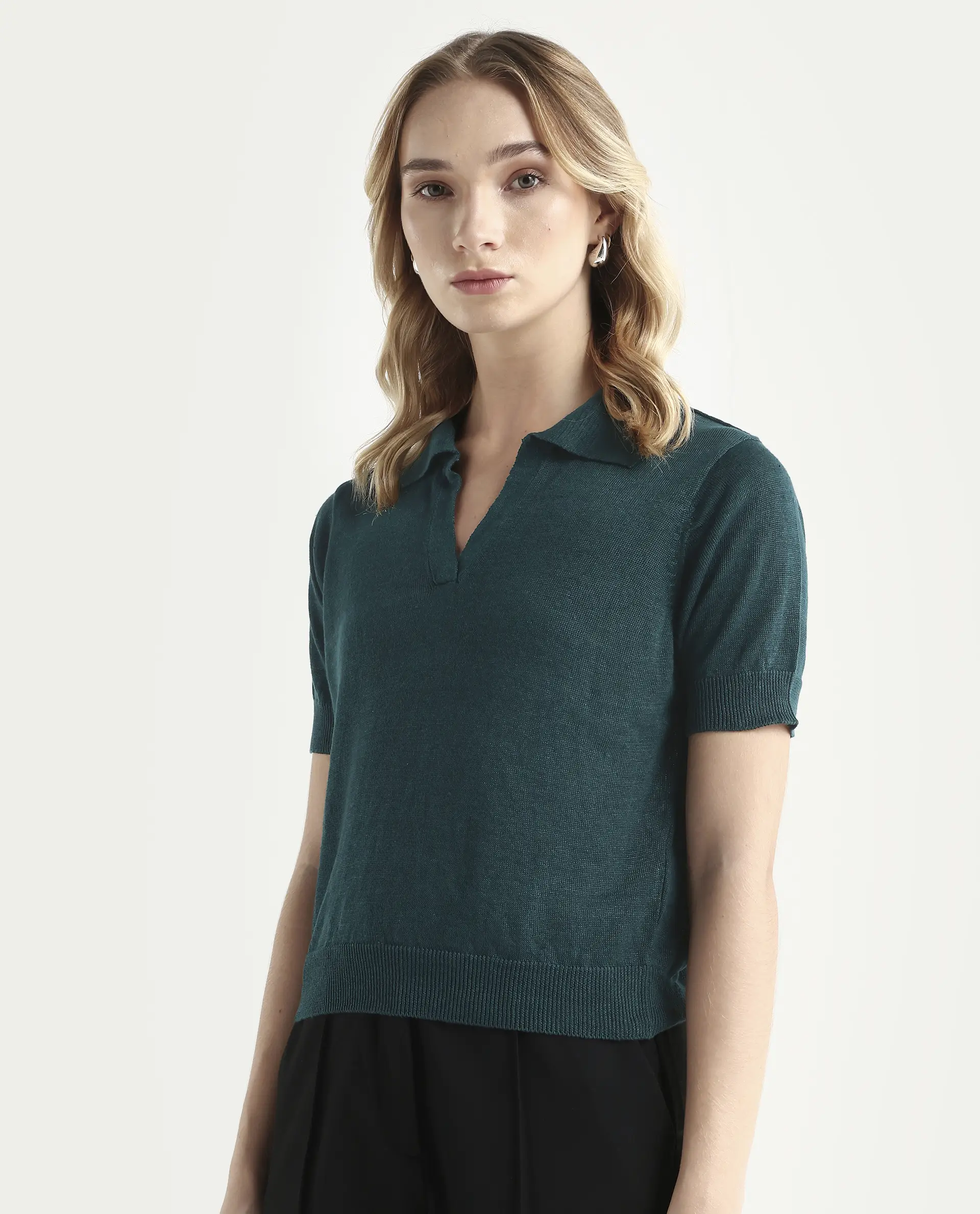Rareism Women's Basel Green Cotton Linen Polo Neck Plain Regular Fit Polo - Image 5