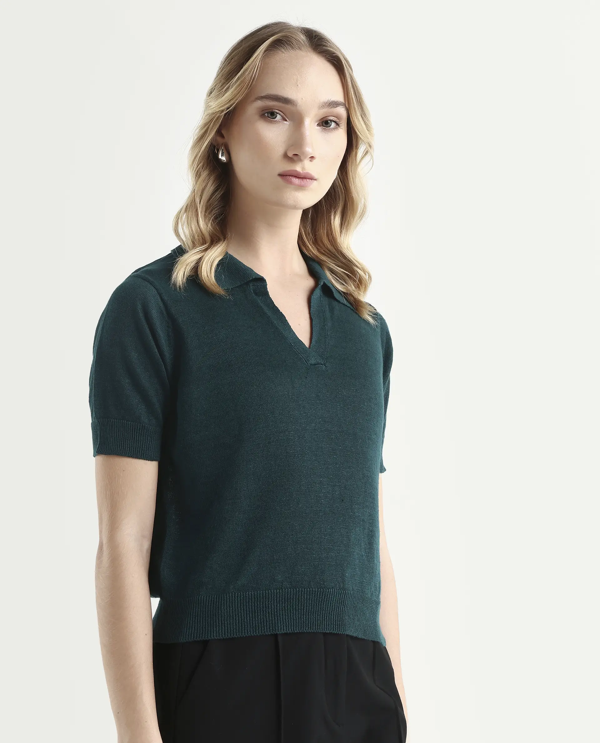 Rareism Women's Basel Green Cotton Linen Polo Neck Plain Regular Fit Polo - Image 6
