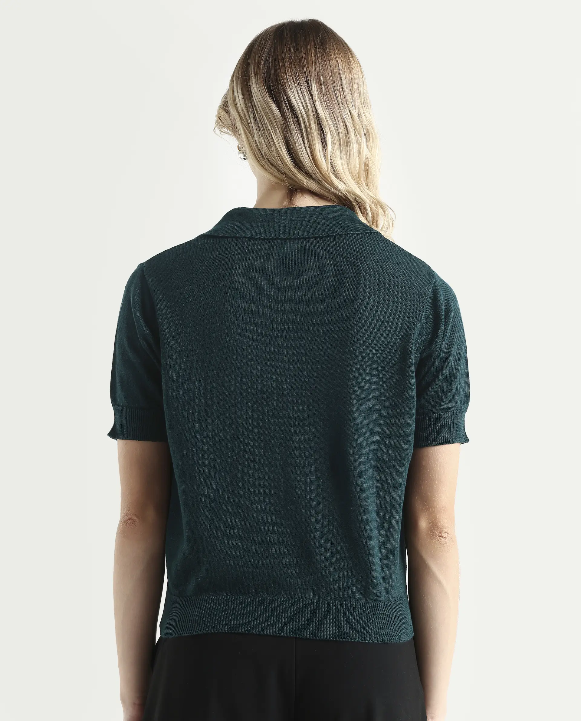 Rareism Women's Basel Green Cotton Linen Polo Neck Plain Regular Fit Polo - Image 7