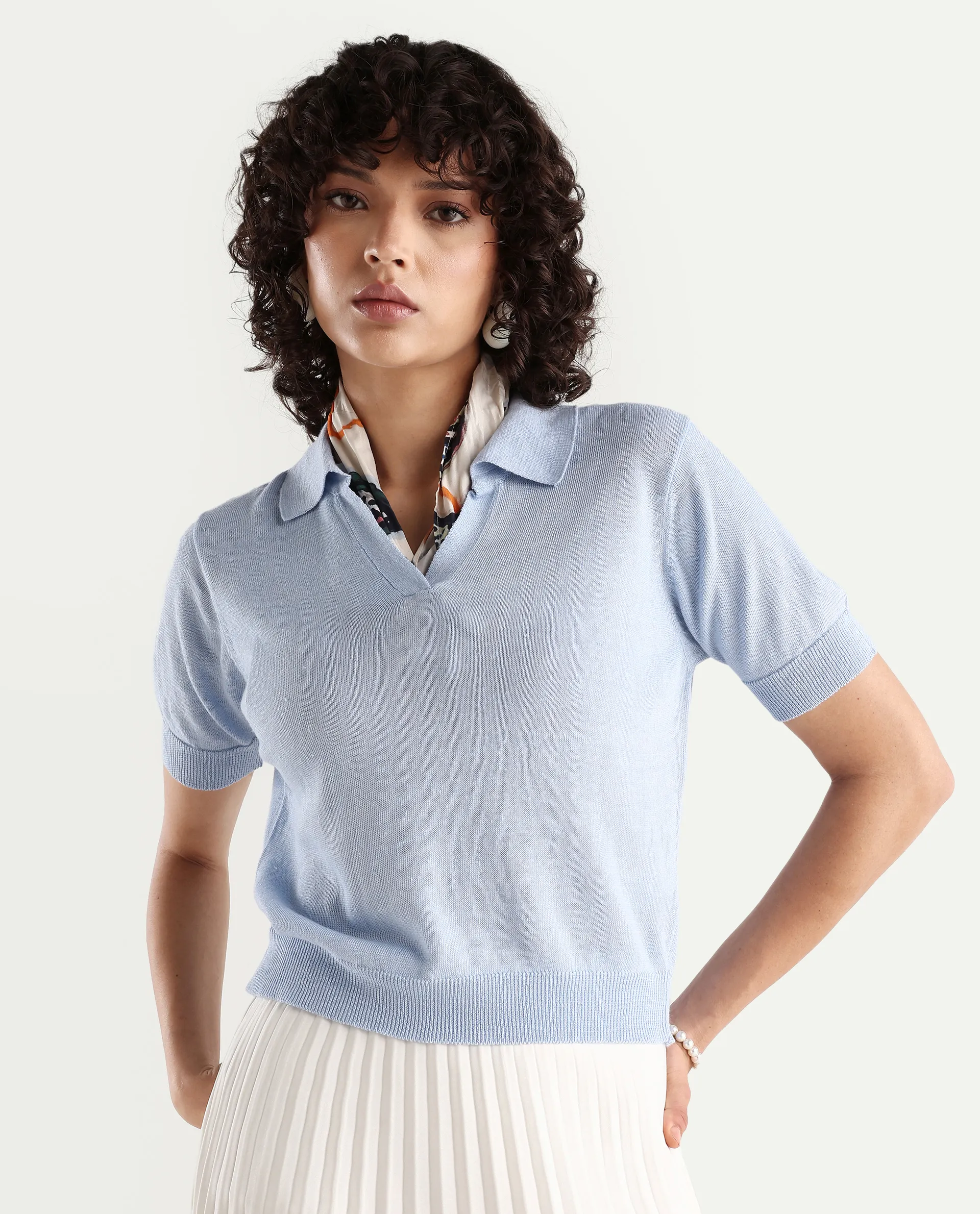 Rareism Women's Basel Light Blue Cotton Blend Polo Neck Plain Regular Fit Polo - Image 2