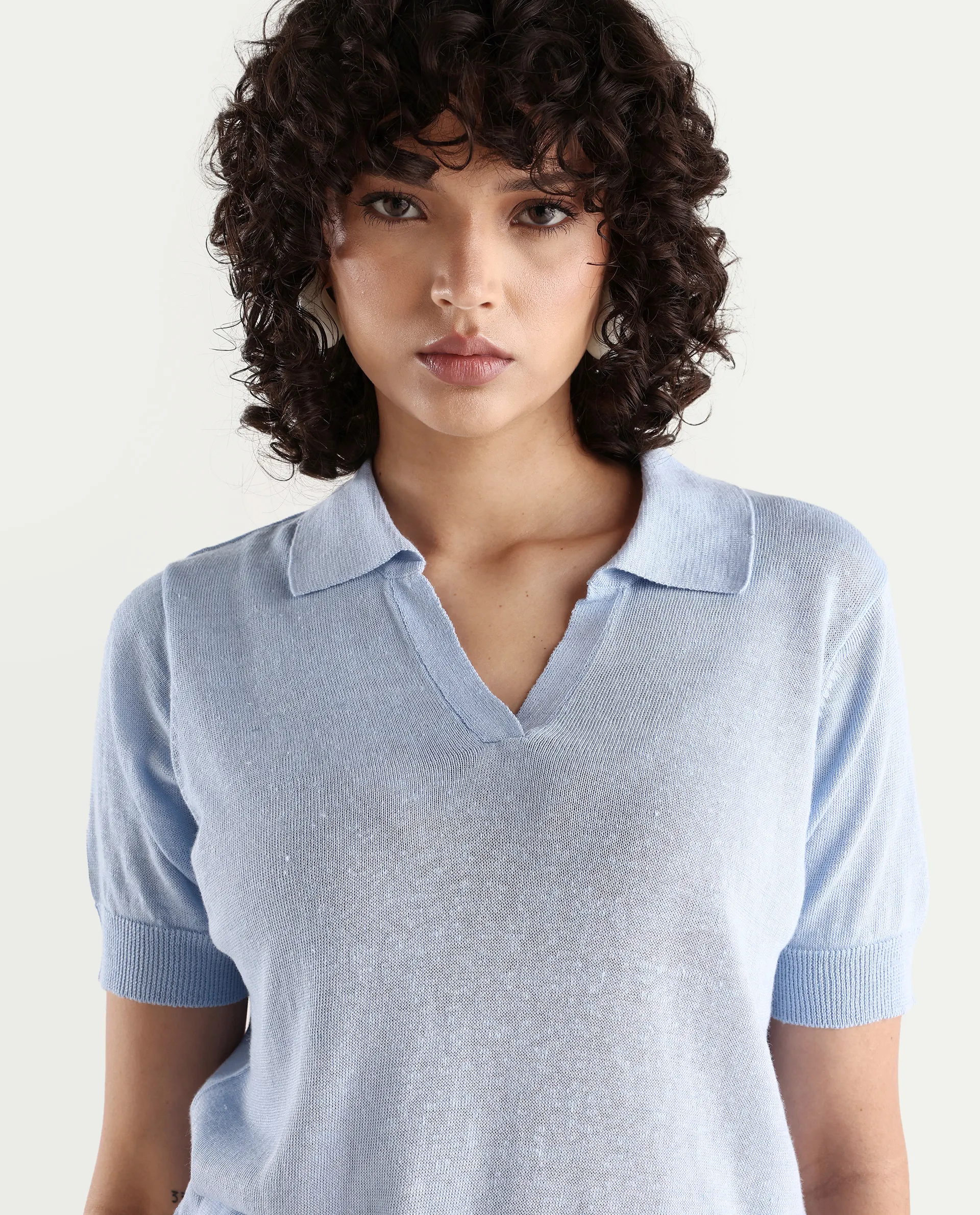 Rareism Women's Basel Light Blue Cotton Blend Polo Neck Plain Regular Fit Polo - Image 3