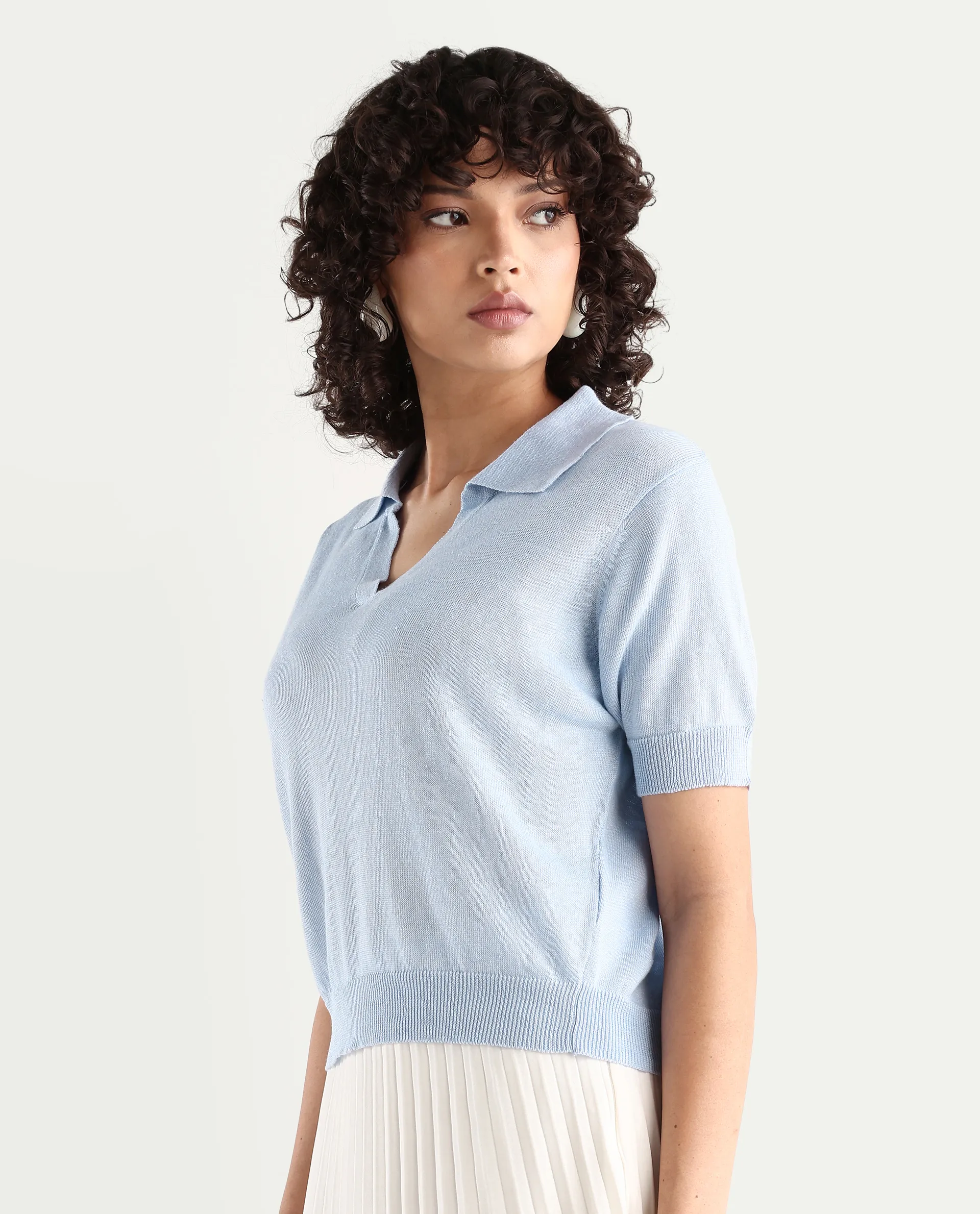 Rareism Women's Basel Light Blue Cotton Blend Polo Neck Plain Regular Fit Polo - Image 4