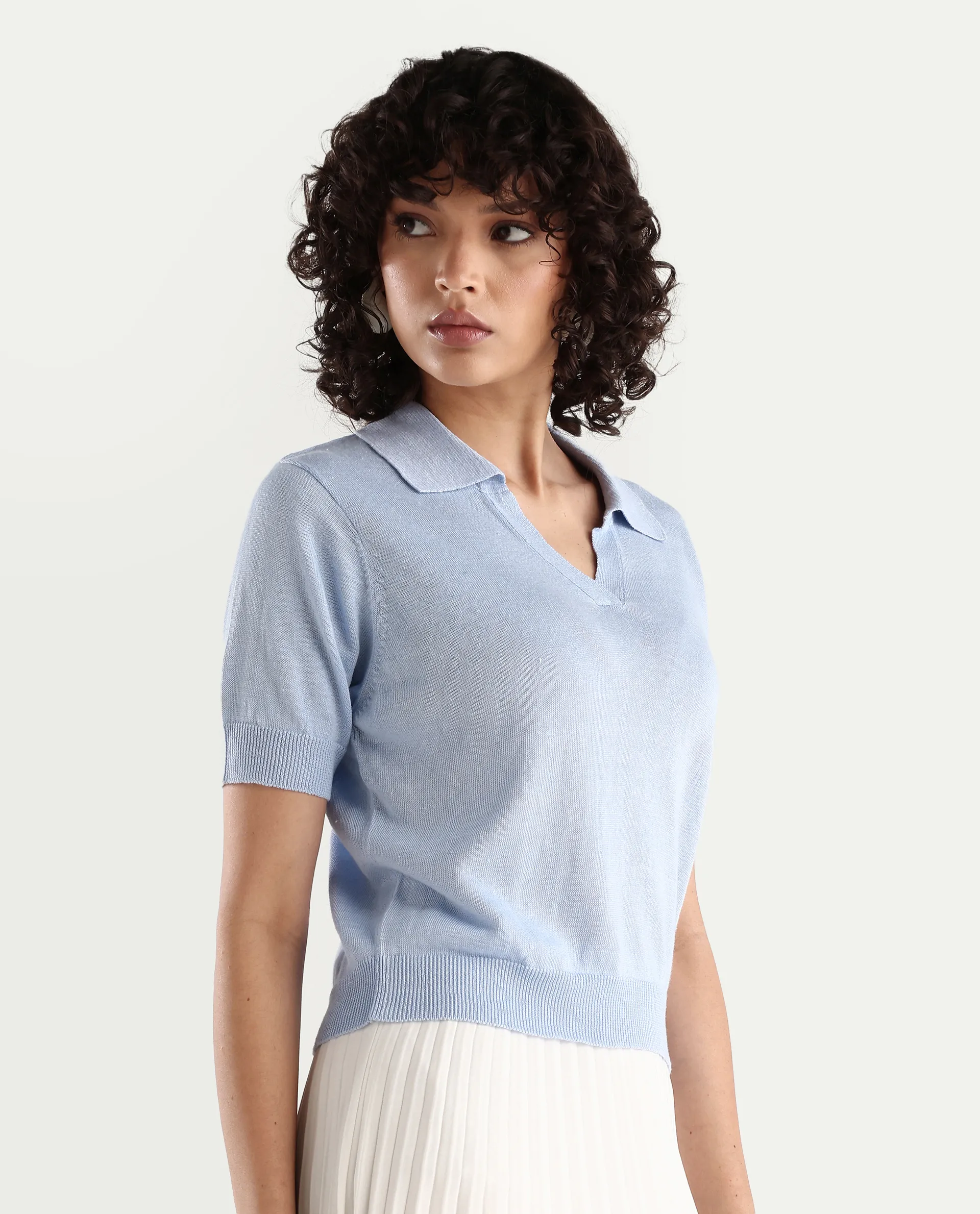 Rareism Women's Basel Light Blue Cotton Blend Polo Neck Plain Regular Fit Polo - Image 5