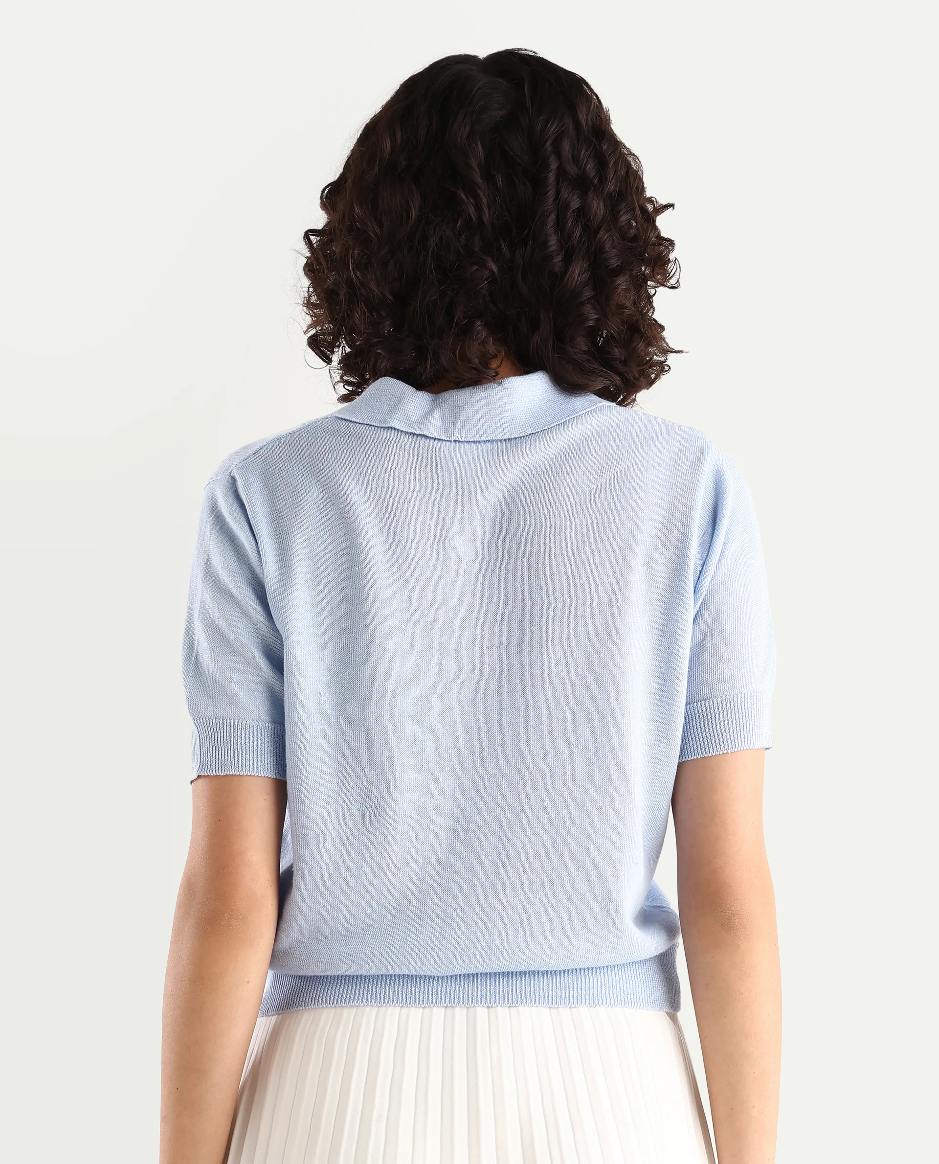 Rareism Women's Basel Light Blue Cotton Blend Polo Neck Plain Regular Fit Polo - Image 6