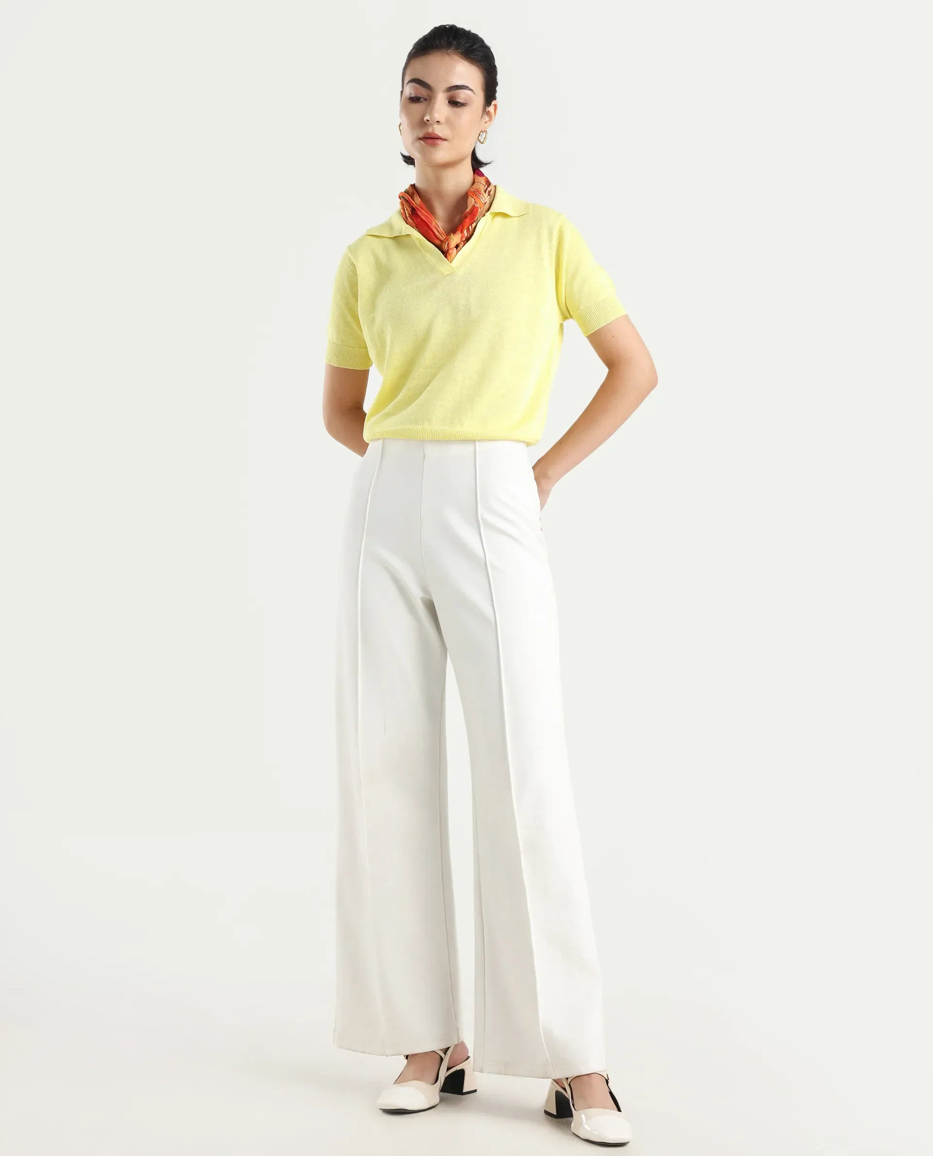 Rareism Women's Basel Yellow Cotton Linen Polo Neck Plain Regular Fit Polo - Image 2