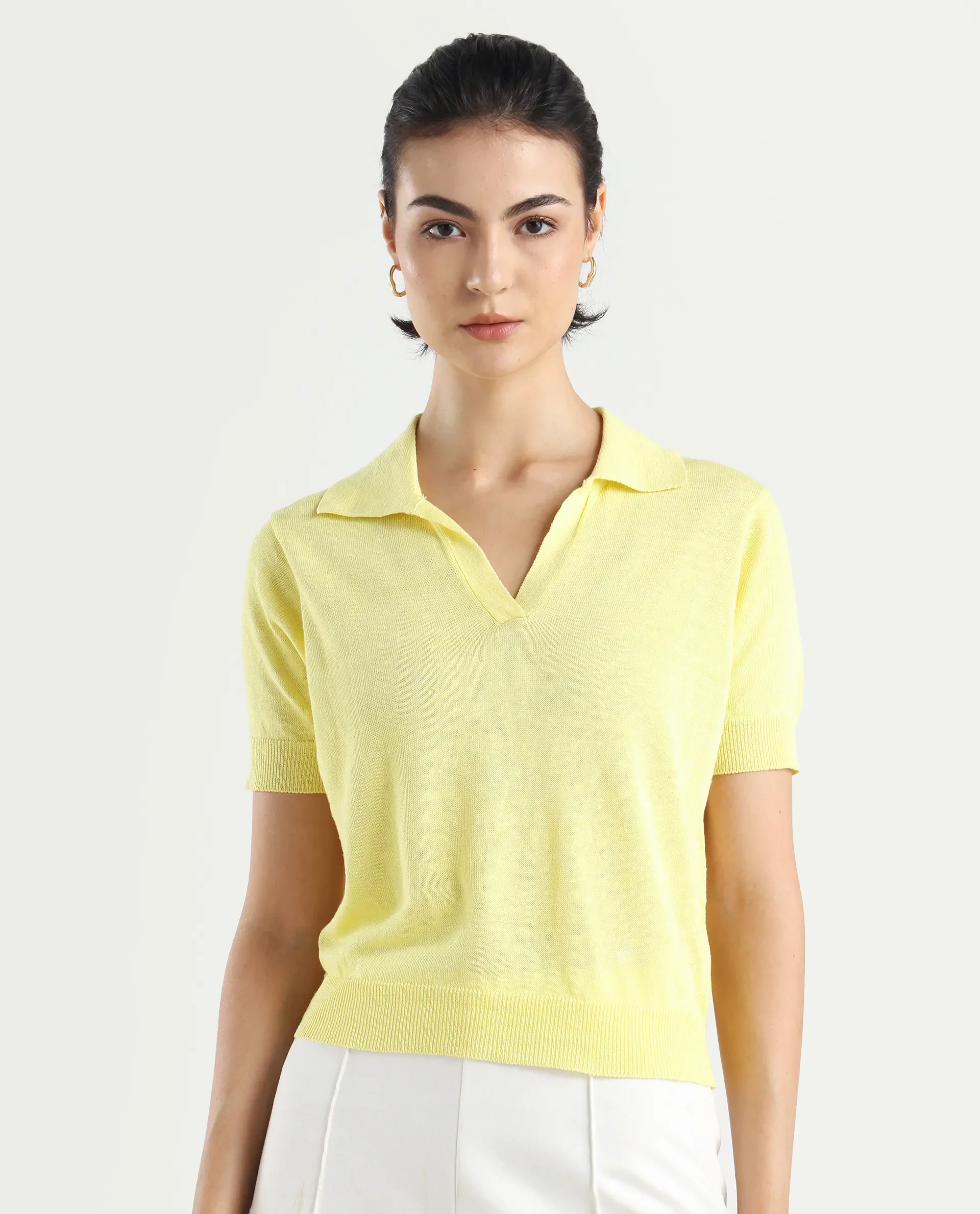 Rareism Women's Basel Yellow Cotton Linen Polo Neck Plain Regular Fit Polo - Image 3