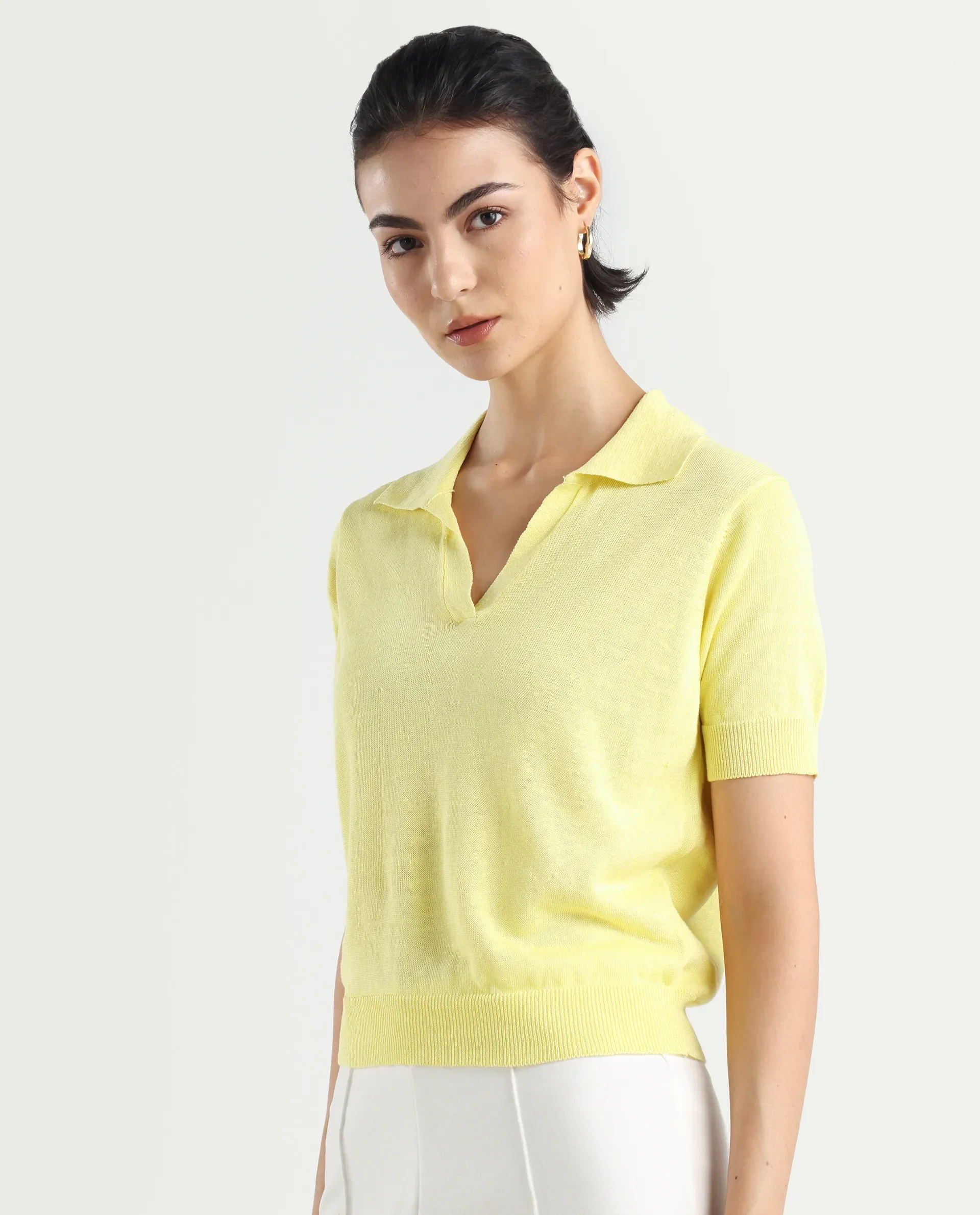 Rareism Women's Basel Yellow Cotton Linen Polo Neck Plain Regular Fit Polo - Image 5
